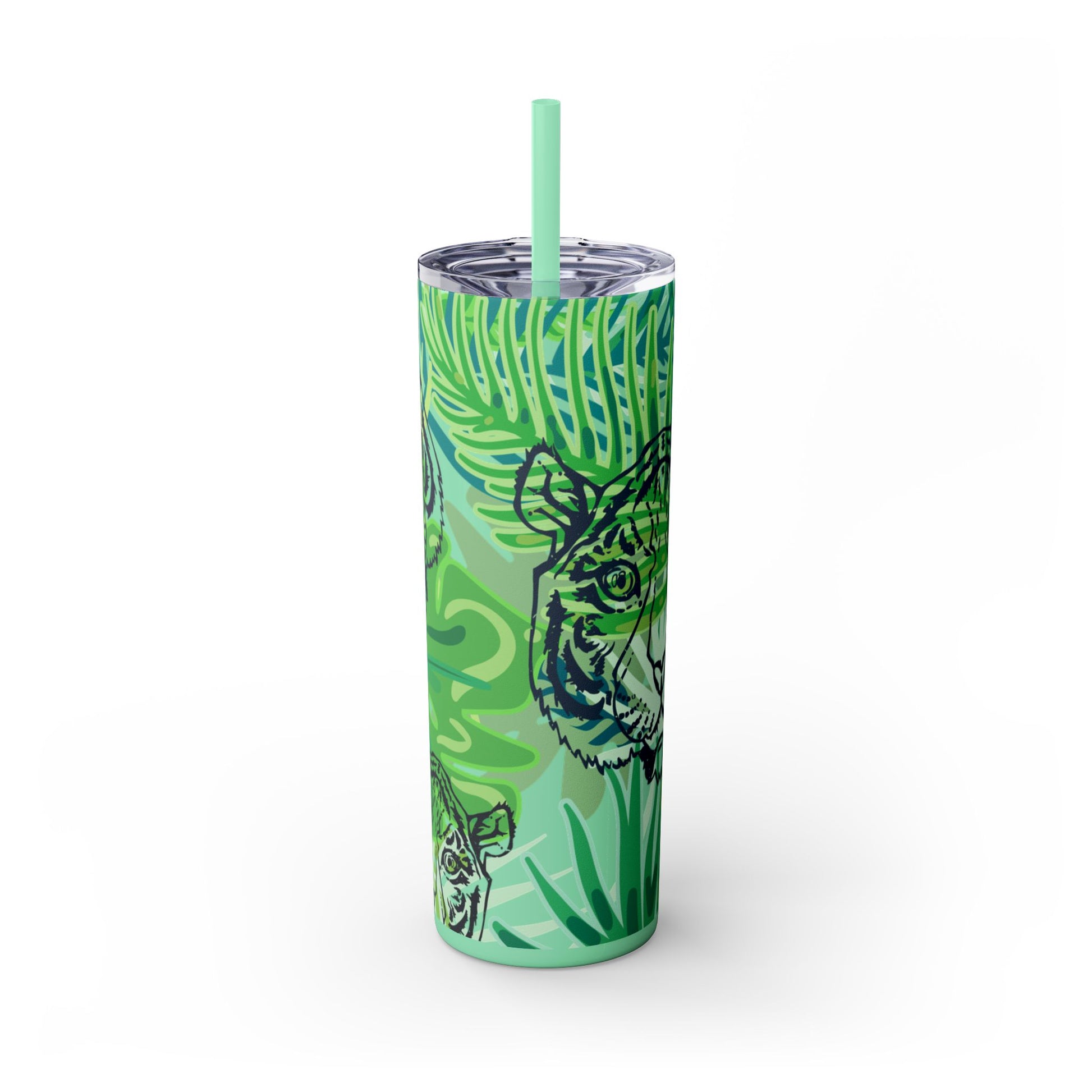 Tropical Jungle Tigers Green Skinny Tumbler with Straw, 20oz, Artsulli - Art is Long, Life is Short, Mug, Finish, Glossy, Color, Mint, Size, 20oz, 14851947186392