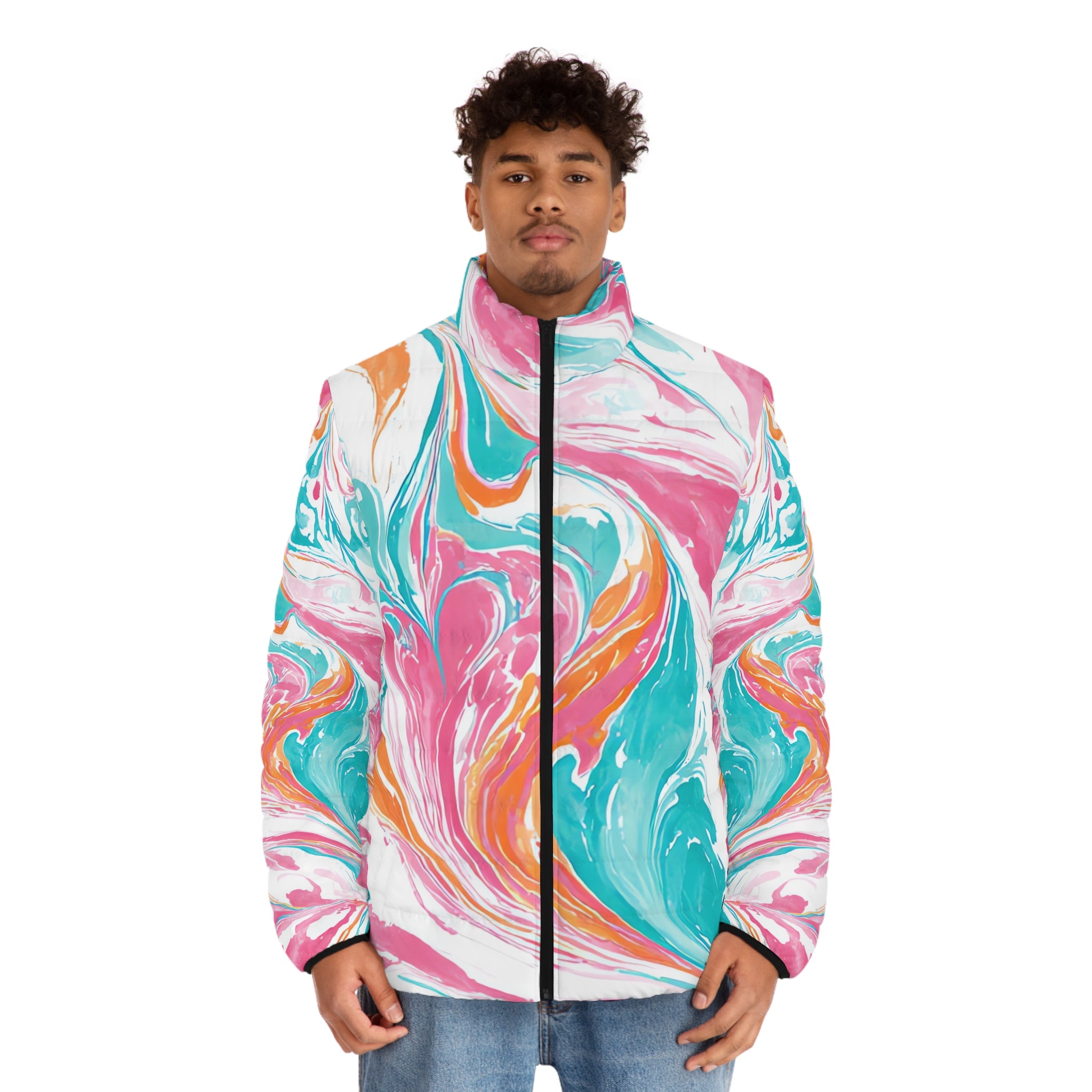 Liquid Pastel Spill Multi-Color  Men's Puffer Jacket (AOP), Artsulli - Art is Long, Life is Short, All Over Prints, , , , , , , 
