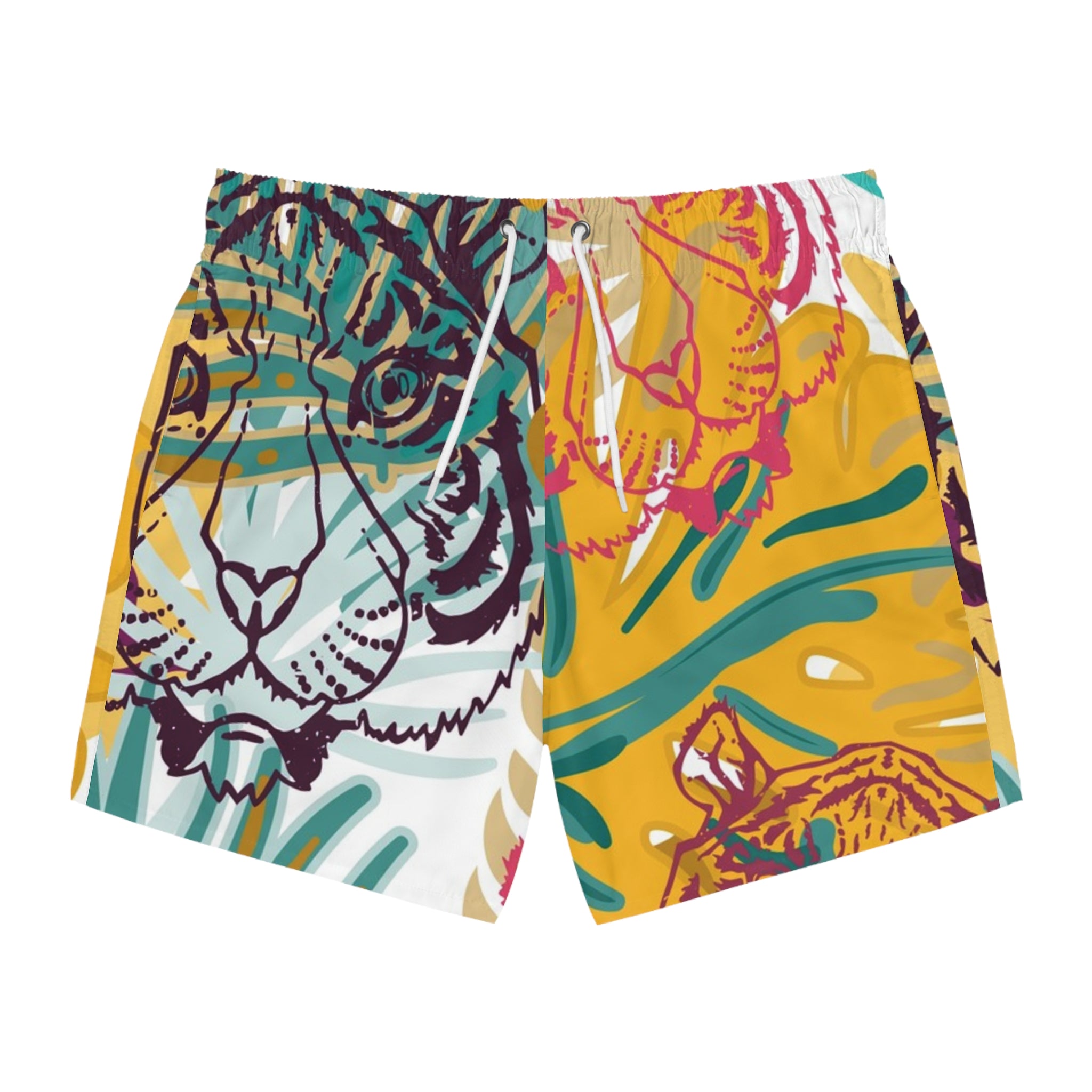 Tropical Jungle Tigers Brown and Green Swim Trunks (AOP), Artsulli - Art is Long, Life is Short, All Over Prints, Size, XS, Color, Seam thread color automatically matched to design, , , 14519606785855