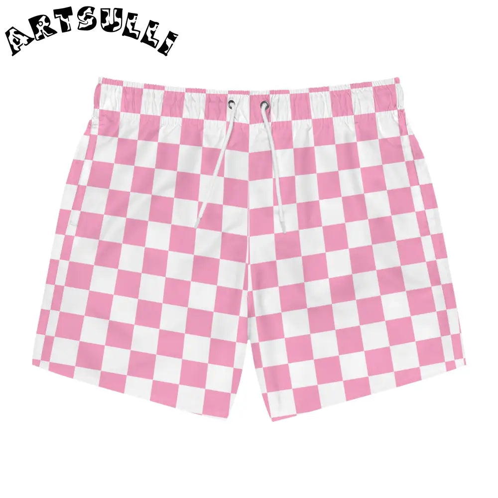 JAKKOUTTHEBXX Checkerboard Hot Pink and White Swim Trunks (AOP)