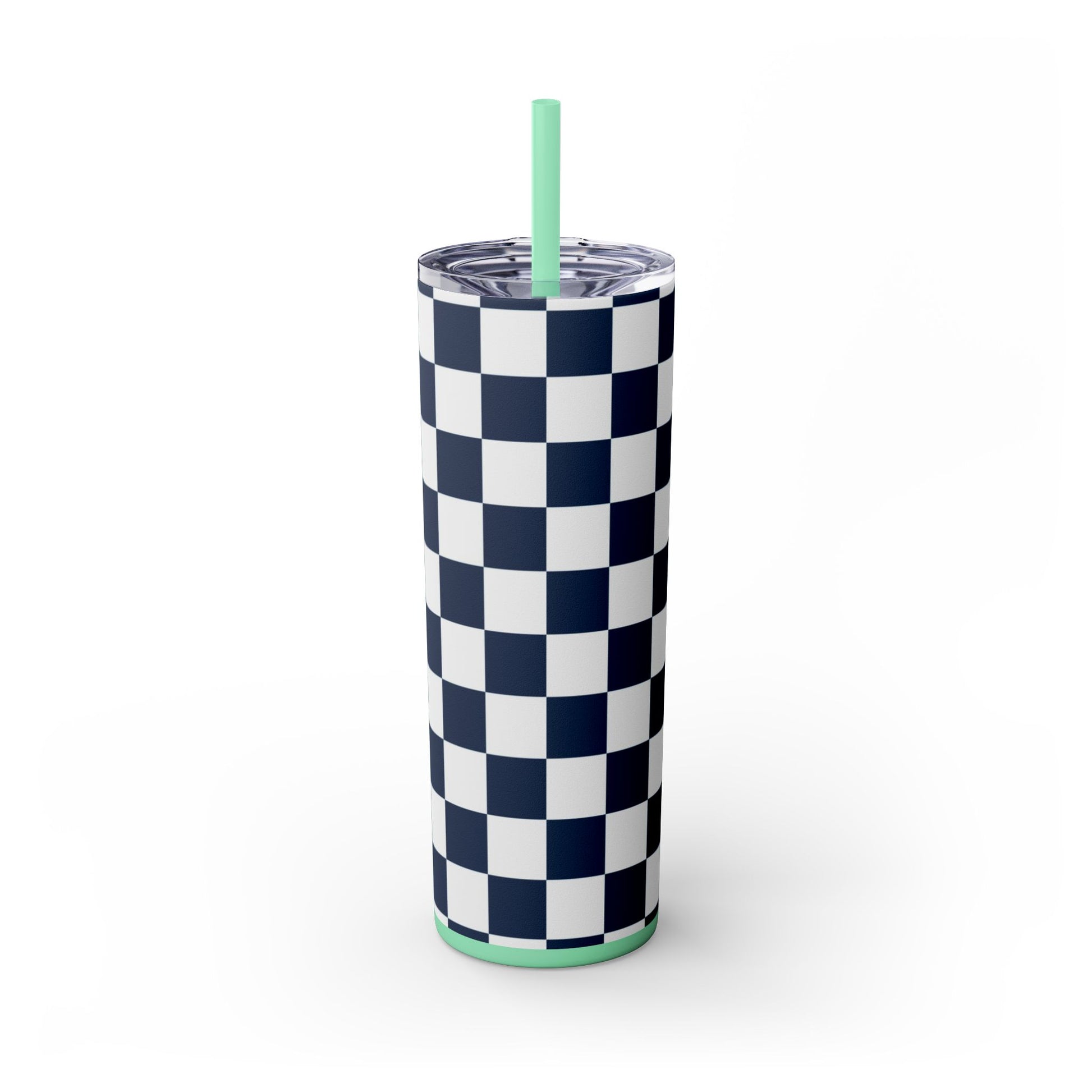 Checkerboard White and Navy Blue Skinny Tumbler with Straw, 20oz, Artsulli - Art is Long, Life is Short, Mug, Finish, Glossy, Color, Mint, Size, 20oz, 33686140405421106573