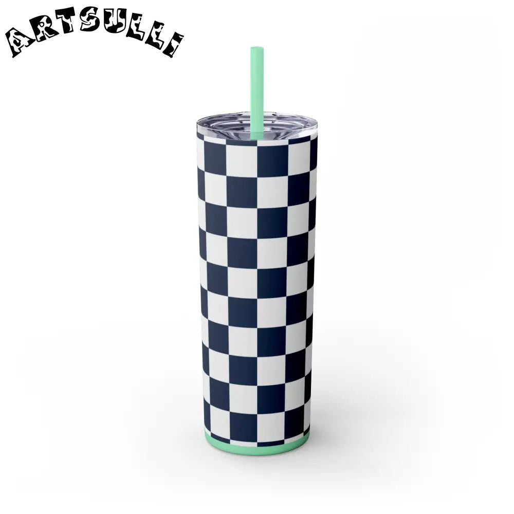 JAKKOUTTHEBXX Checkerboard White and Navy Blue Skinny Tumbler
