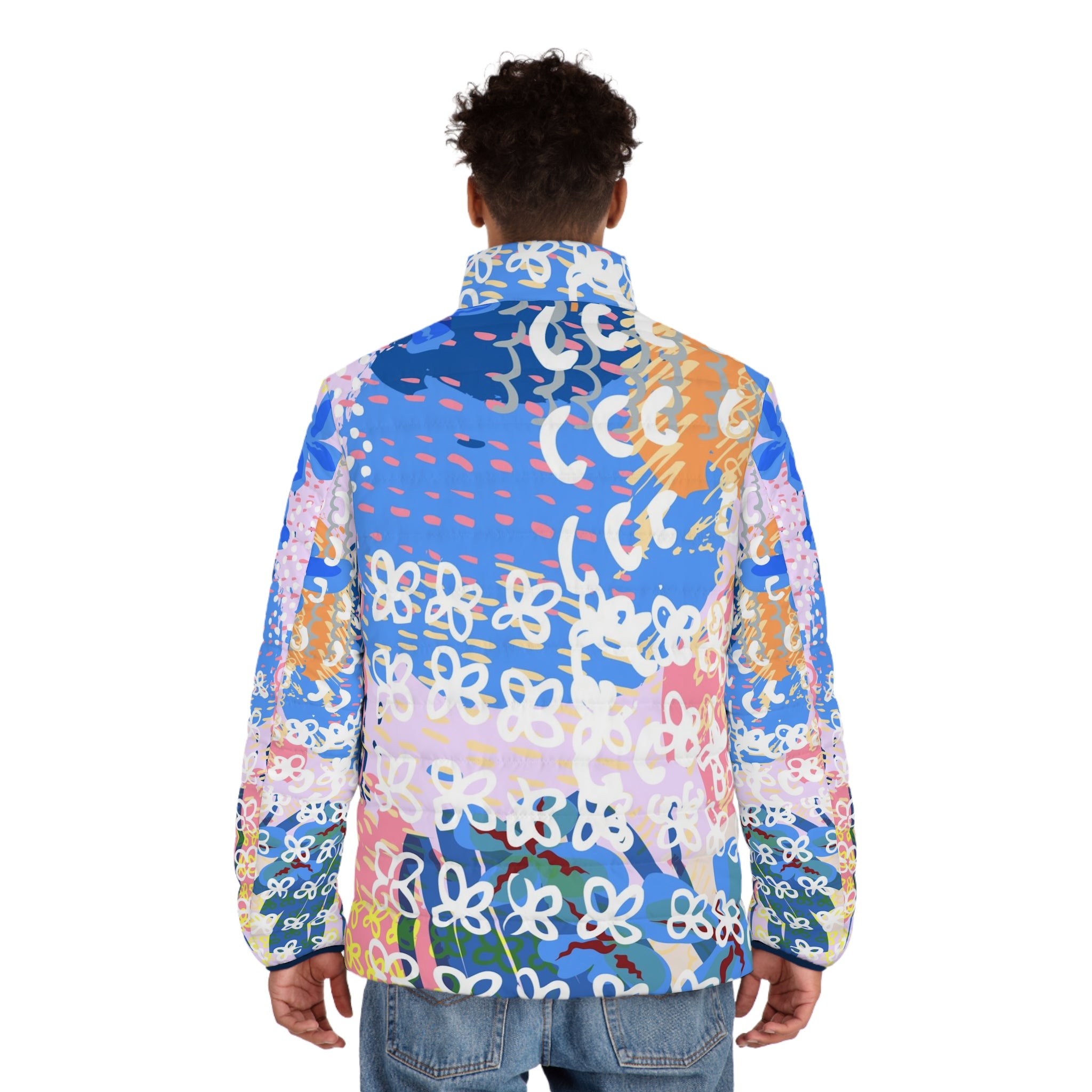 Flowers x Doodles x Hearts Multi-Color Men's Puffer Jacket (AOP), Artsulli - Art is Long, Life is Short, All Over Prints, , , , , , , 