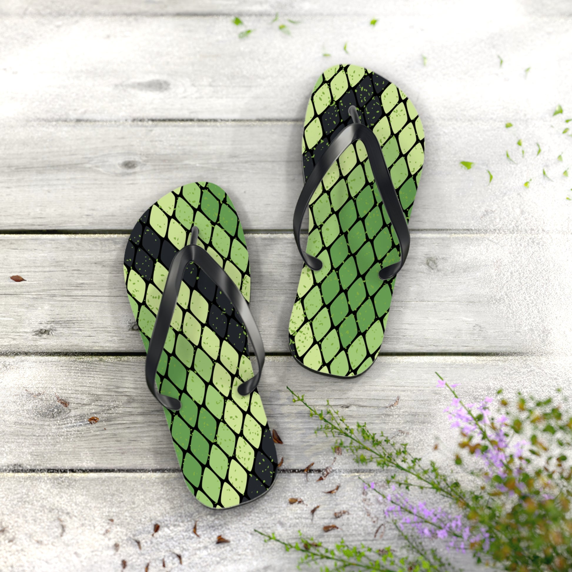 Snake Skin Green and Black Flip Flops, Artsulli - Art is Long, Life is Short, Shoes, , , , , , , 
