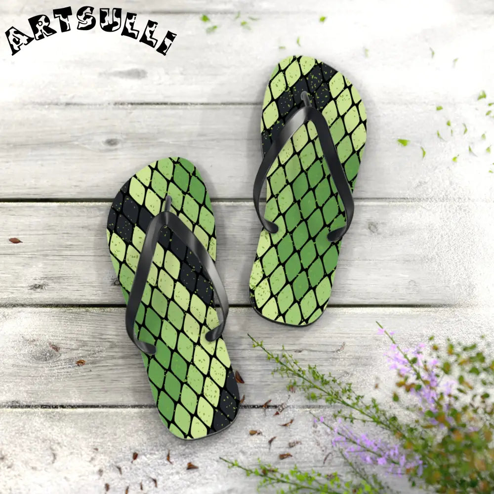JAKKOUTTHEBXX Snake Skin Green and Black Flip Flops JAKKOUTTHEBXX