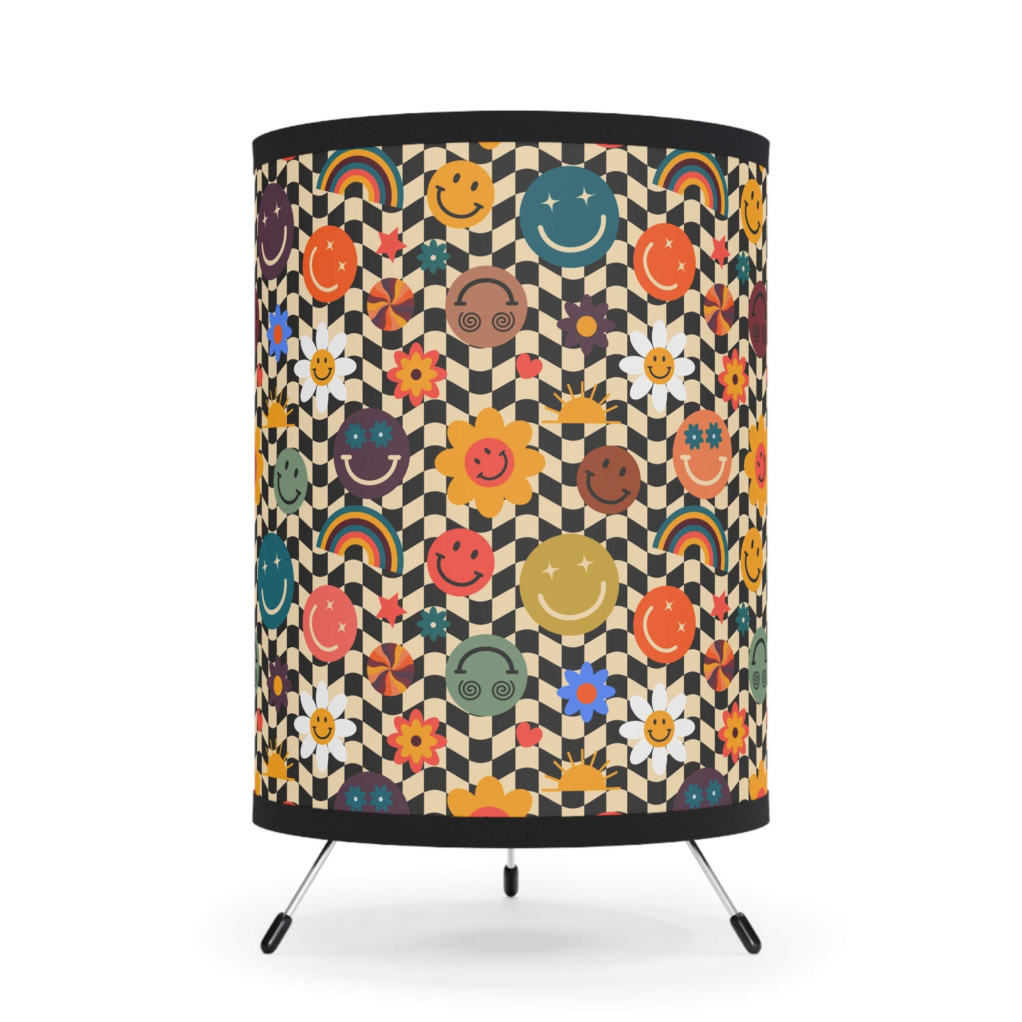 Trippy x Wavy Checkerboard x Smiley Face x Rainbow x Flowers Multi-Color Tripod Lamp with High-Res Printed Shade, US\CA plug, Artsulli - Art is Long, Life is Short, Home Decor, Size, One size, Color, Black, , , 32665697722853048384