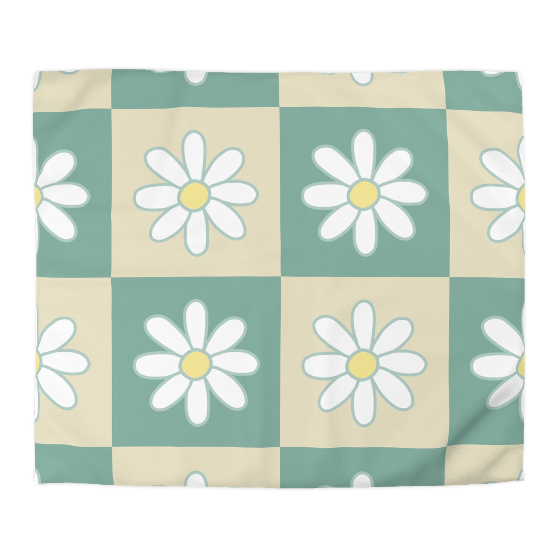 Retro Daisy Checkerboard Green and Tan Microfiber Duvet Cover, Artsulli - Art is Long, Life is Short, Home Decor, Size, King, Color, Cream, , , 24514560825723349626