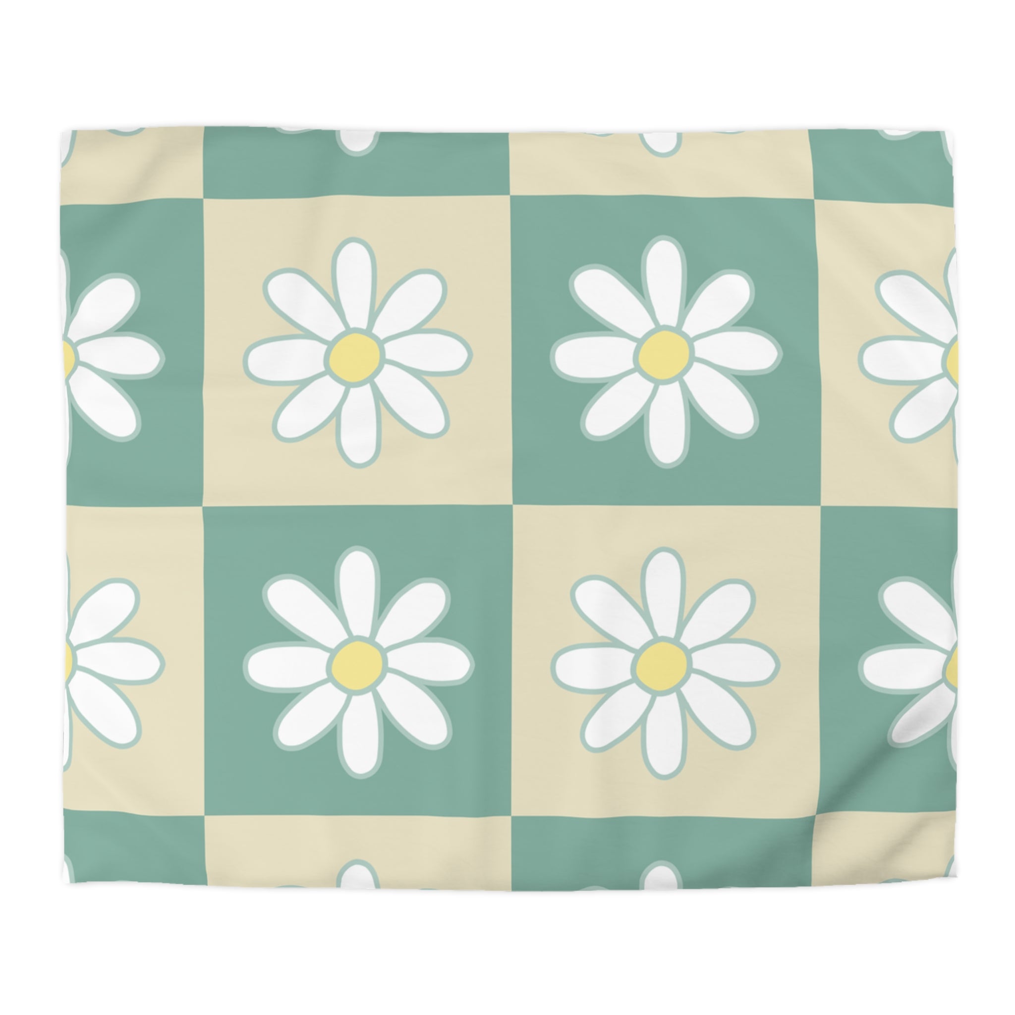 Retro Daisy Checkerboard Green and Tan Microfiber Duvet Cover, Artsulli - Art is Long, Life is Short, Home Decor, Size, King, Color, Cream, , , 24514560825723349626