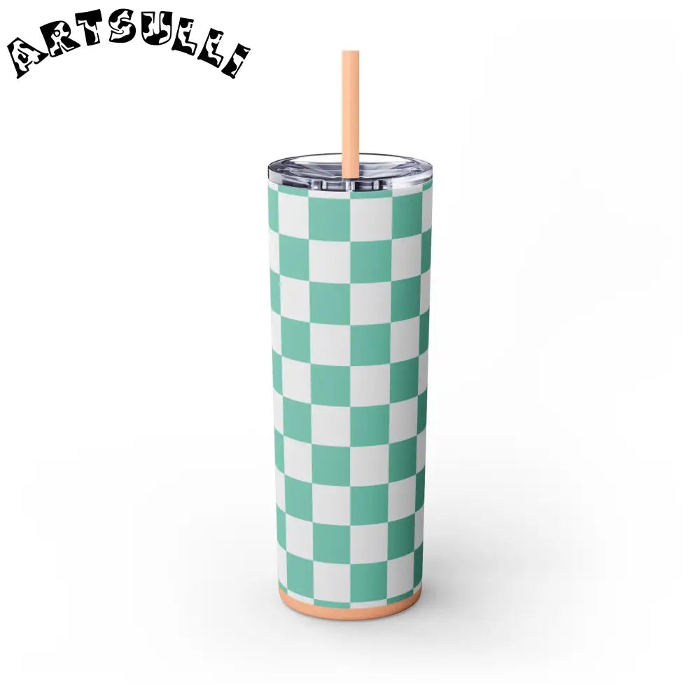 JAKKOUTTHEBXX Checkerboard Light Green Skinny Tumbler with Straw