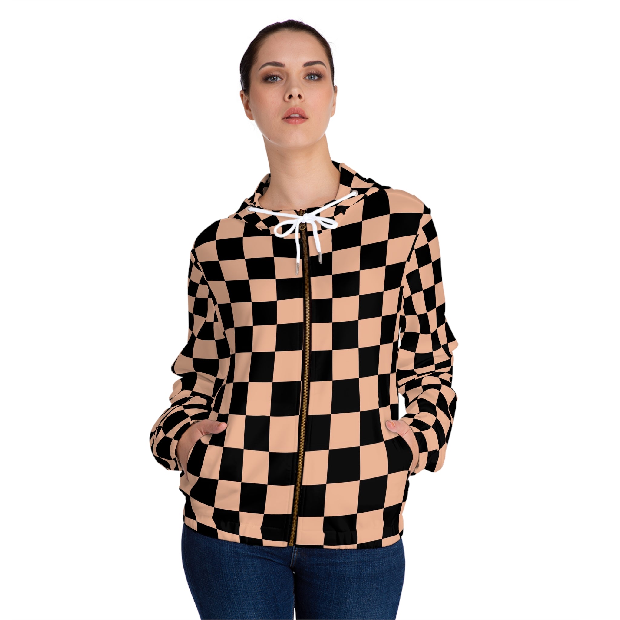 Checkerboard Soft Orange and Black Women’s Full-Zip Hoodie (AOP), Artsulli - Art is Long, Life is Short, All Over Prints, , , , , , , 