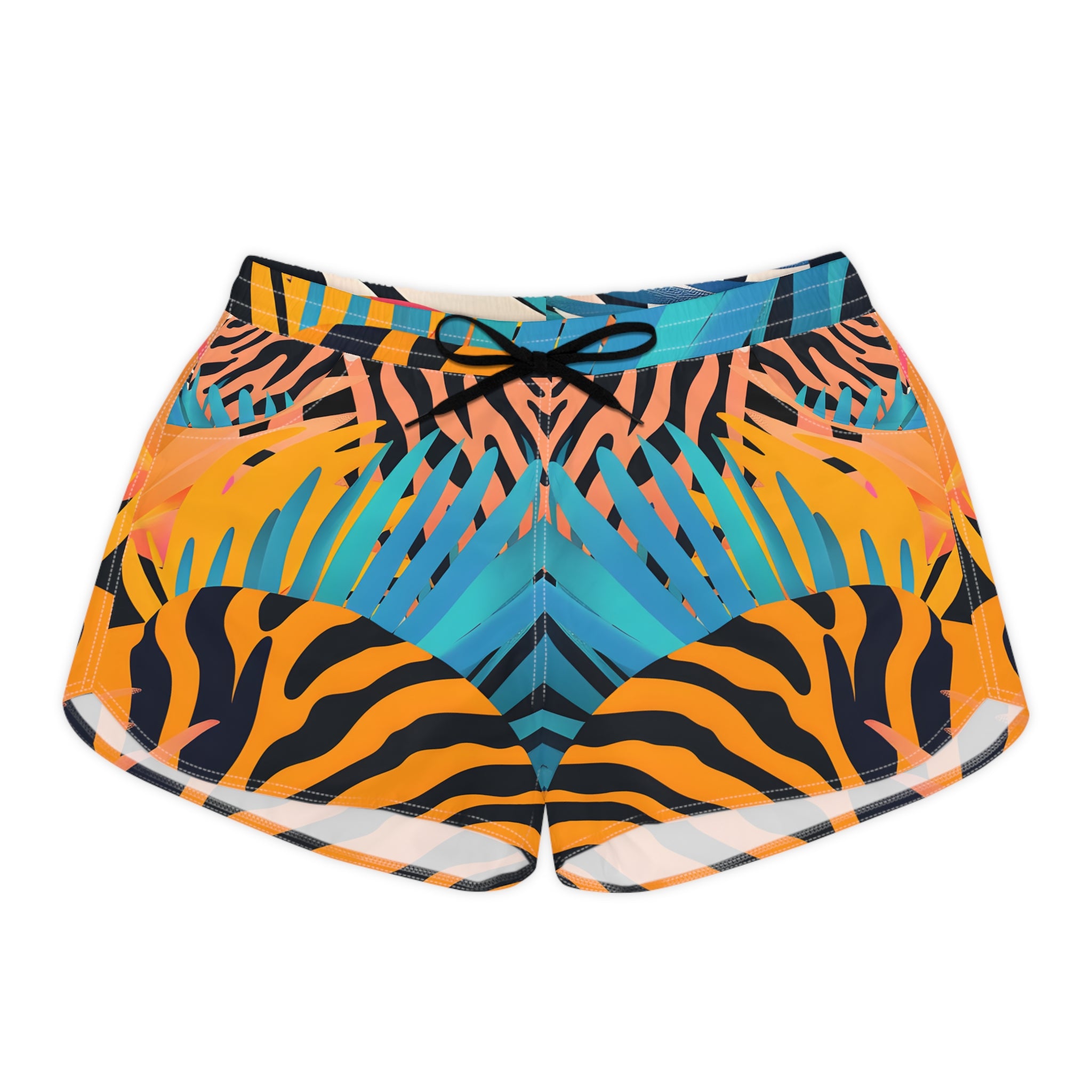 Palm Leaves x Tiger Stripes Orange and Black Women's Casual Shorts (AOP), Artsulli - Art is Long, Life is Short, All Over Prints, Size, S, Color, Black drawstring, , , 55899769705448785690