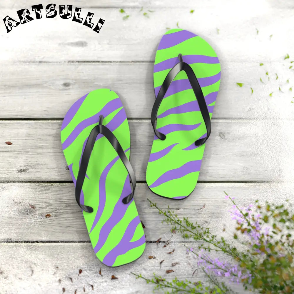 JAKKOUTTHEBXX Tyrannosaurus Print Green and Purple Flip Flops