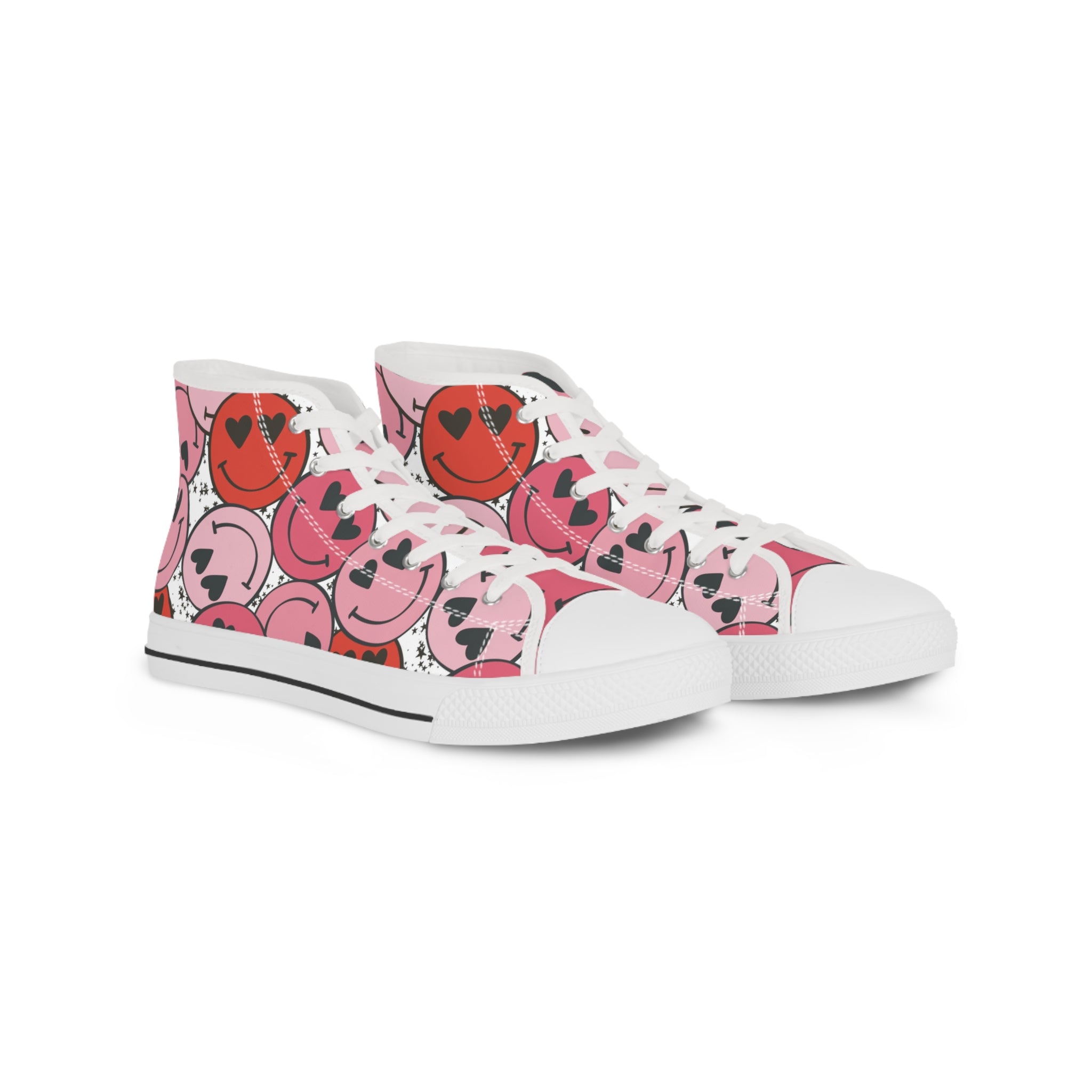 Smiley Face x Heart Eyes Pink and Red Men's High Top Sneakers, Artsulli - Art is Long, Life is Short, Shoes, Size, US 5, Color, White sole, , , 28275548310935592282