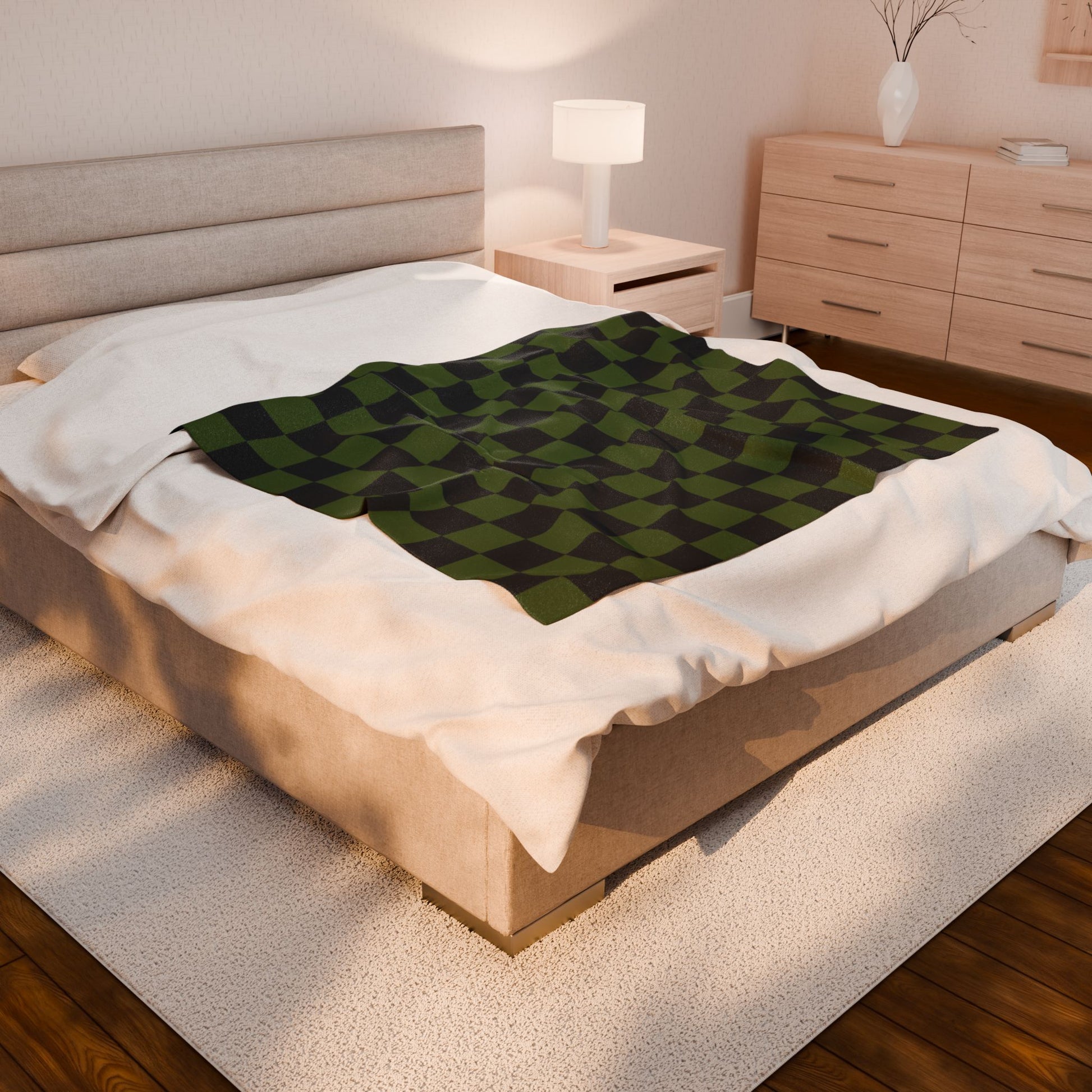 Checkerboard Olive Green and Black Velveteen Plush Blanket, Artsulli - Art is Long, Life is Short, All Over Prints, , , , , , , 