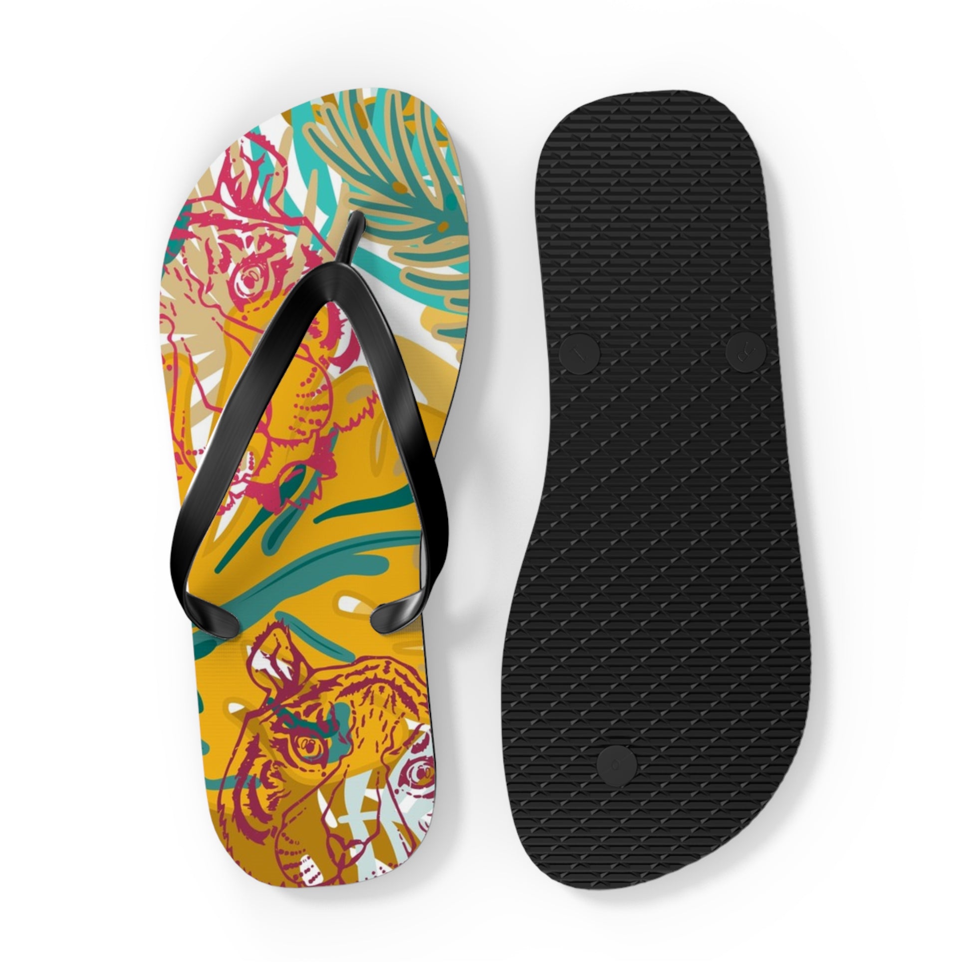Tropical Jungle Tigers Brown and Green Flip Flops, Artsulli - Art is Long, Life is Short, Shoes, , , , , , , 