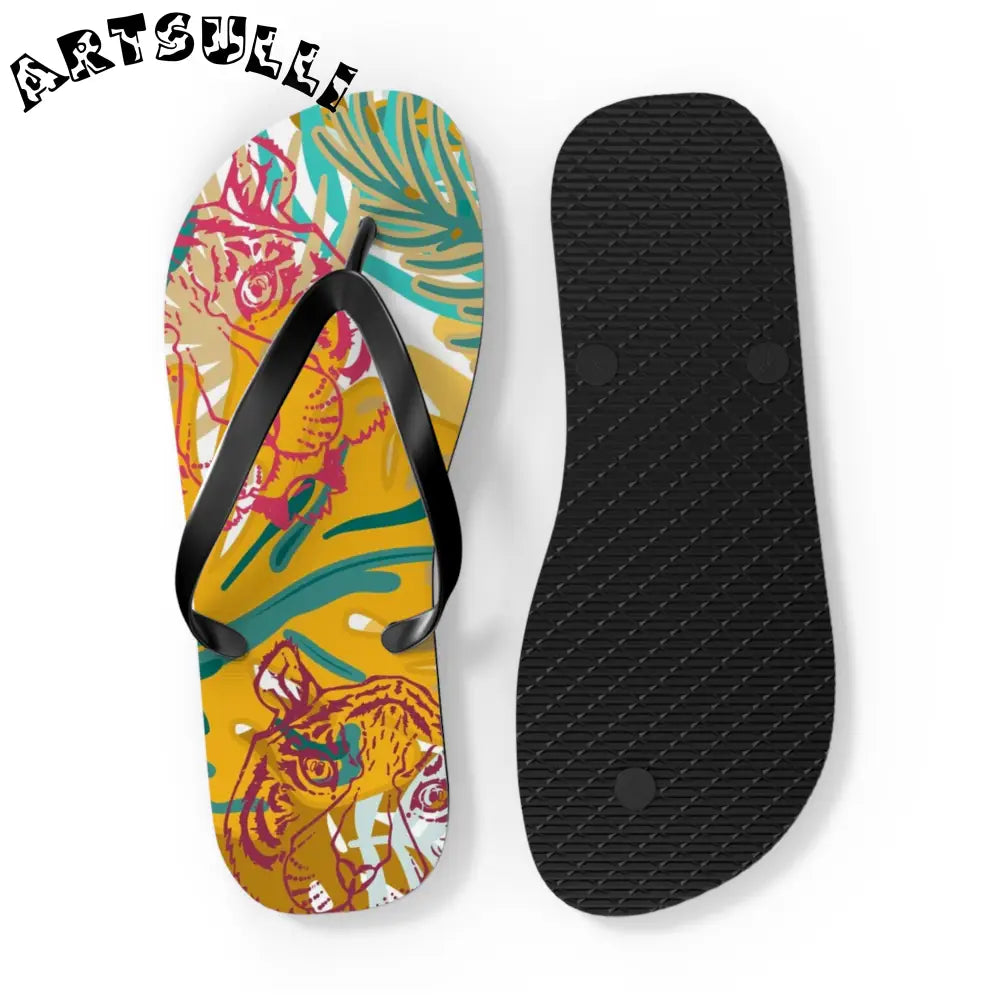 JAKKOUTTHEBXX Tropical Jungle Tigers Brown and Green Flip Flops