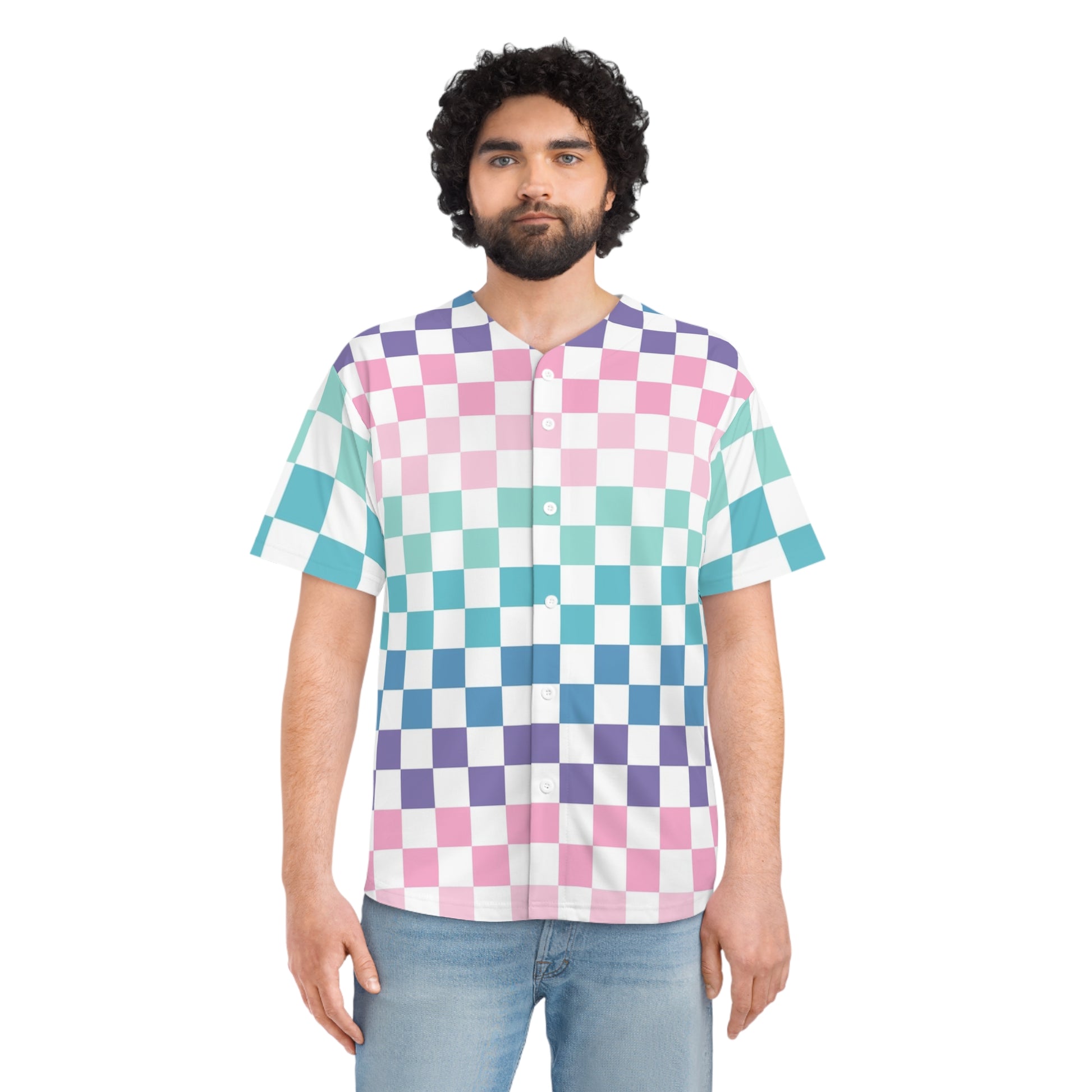 Vaporwave Rainbow  Checkerboard Multi-Color Men's Baseball Jersey (AOP), Artsulli - Art is Long, Life is Short, All Over Prints, , , , , , , 