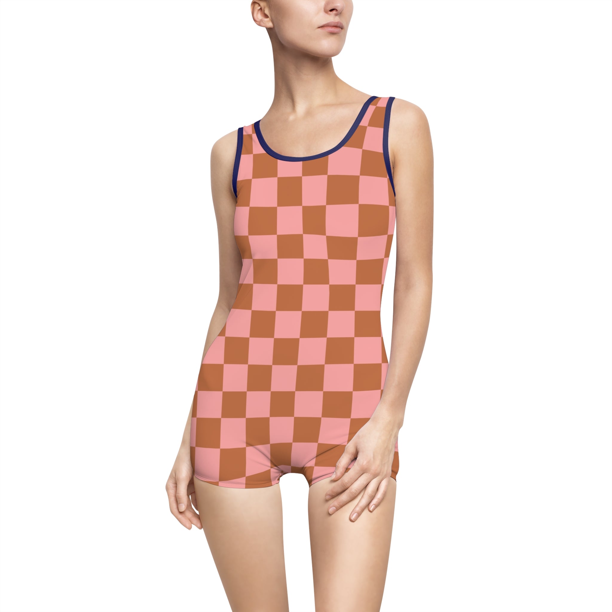 Chessboard Pink and Brown Women's Vintage Swimsuit (AOP), Artsulli - Art is Long, Life is Short, All Over Prints, Color, Navy, Size, XS, , , 13511150975273928058