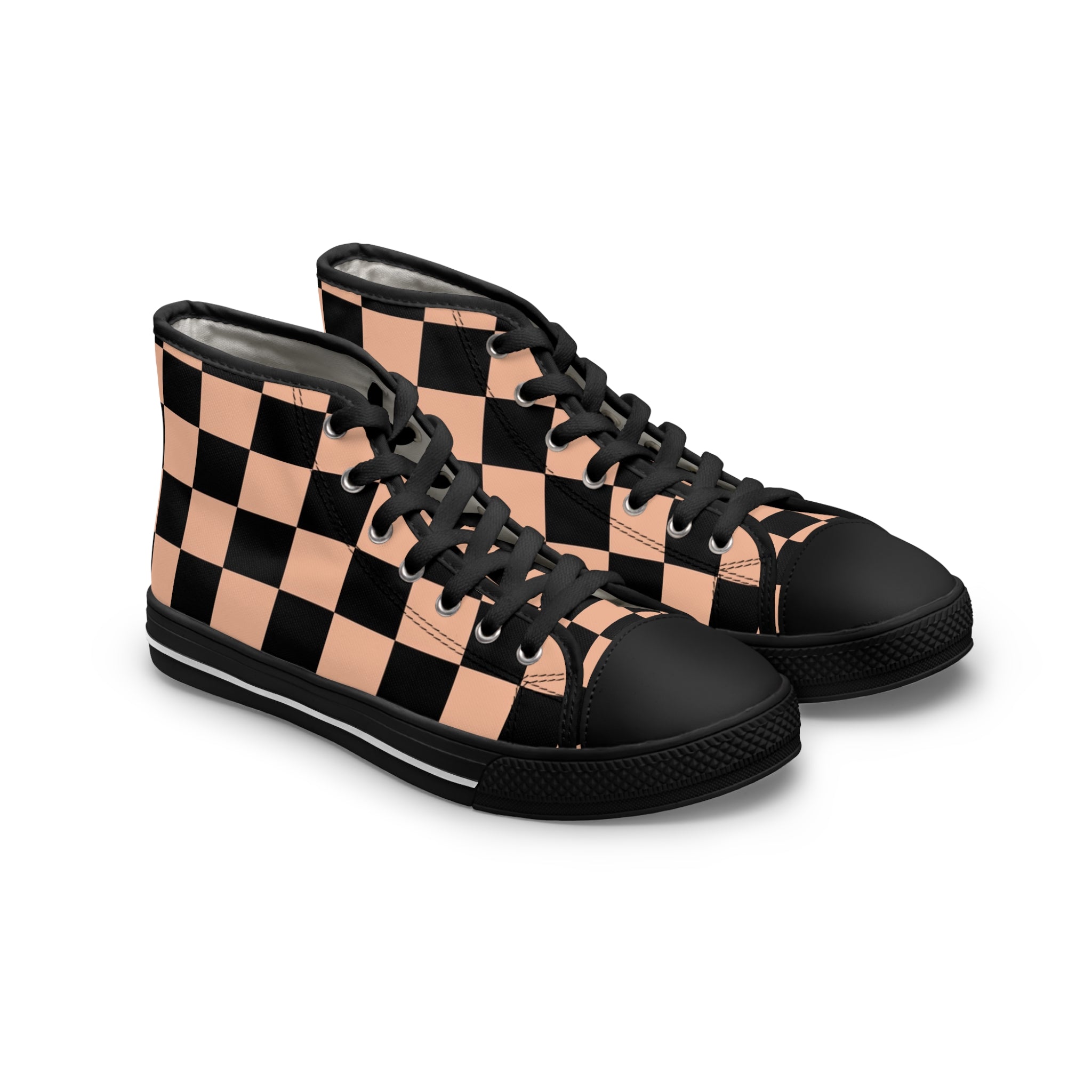 Checkerboard Soft Orange and Black Women's High Top Sneakers, Artsulli - Art is Long, Life is Short, Shoes, Size, US 5.5, Color, Black sole, , , 15575852277435937862
