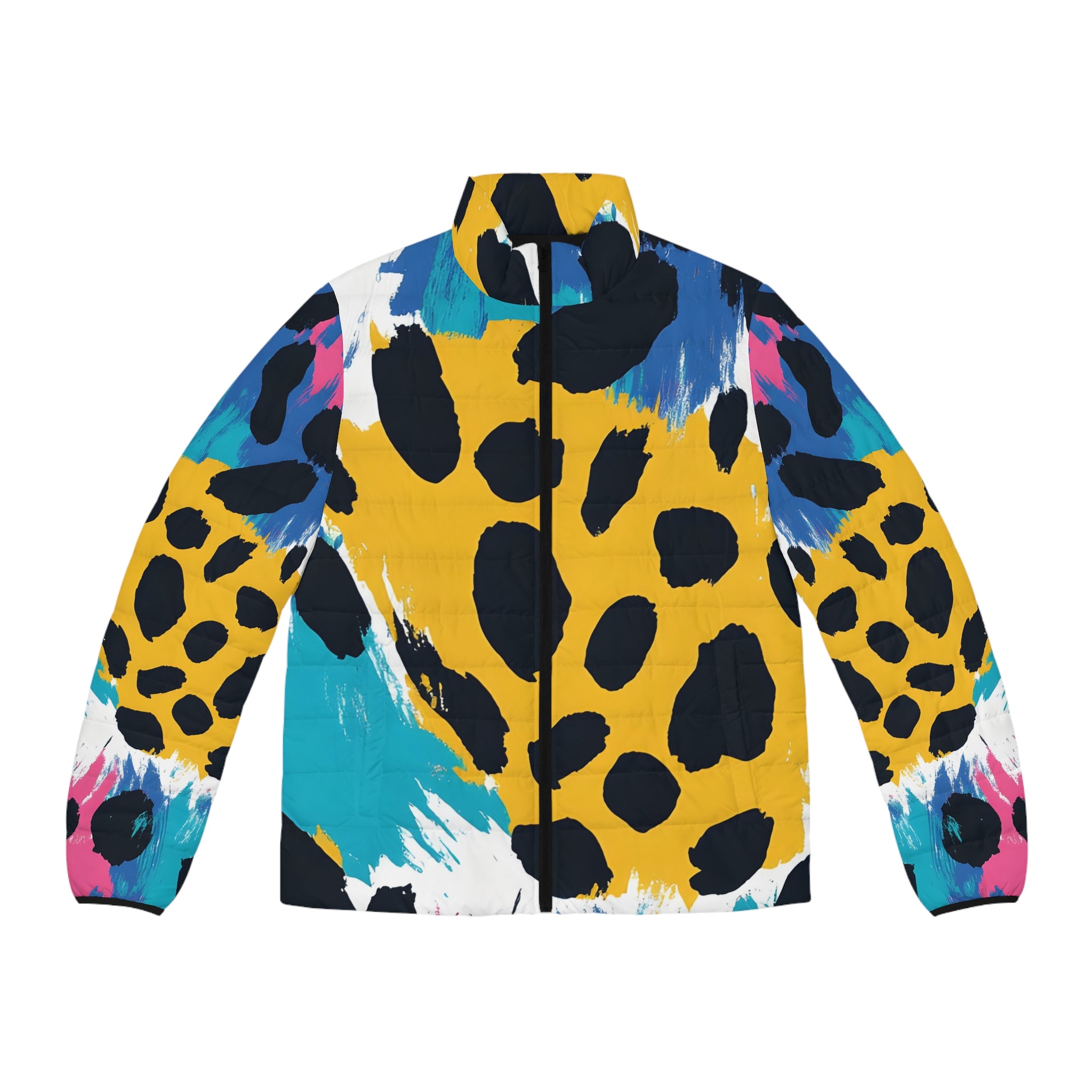 Leopard Print x Paint Brush Strokes Multi-Color Men's Puffer Jacket (AOP), Artsulli - Art is Long, Life is Short, All Over Prints, Size, S, Color, Black zipper, , , 29357102067765627766