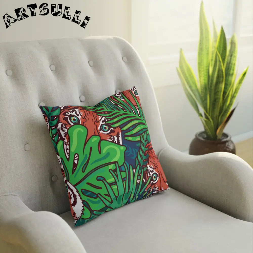 JAKKOUTTHEBXX Tropical Jungle Tigers Blue and Green Cushion