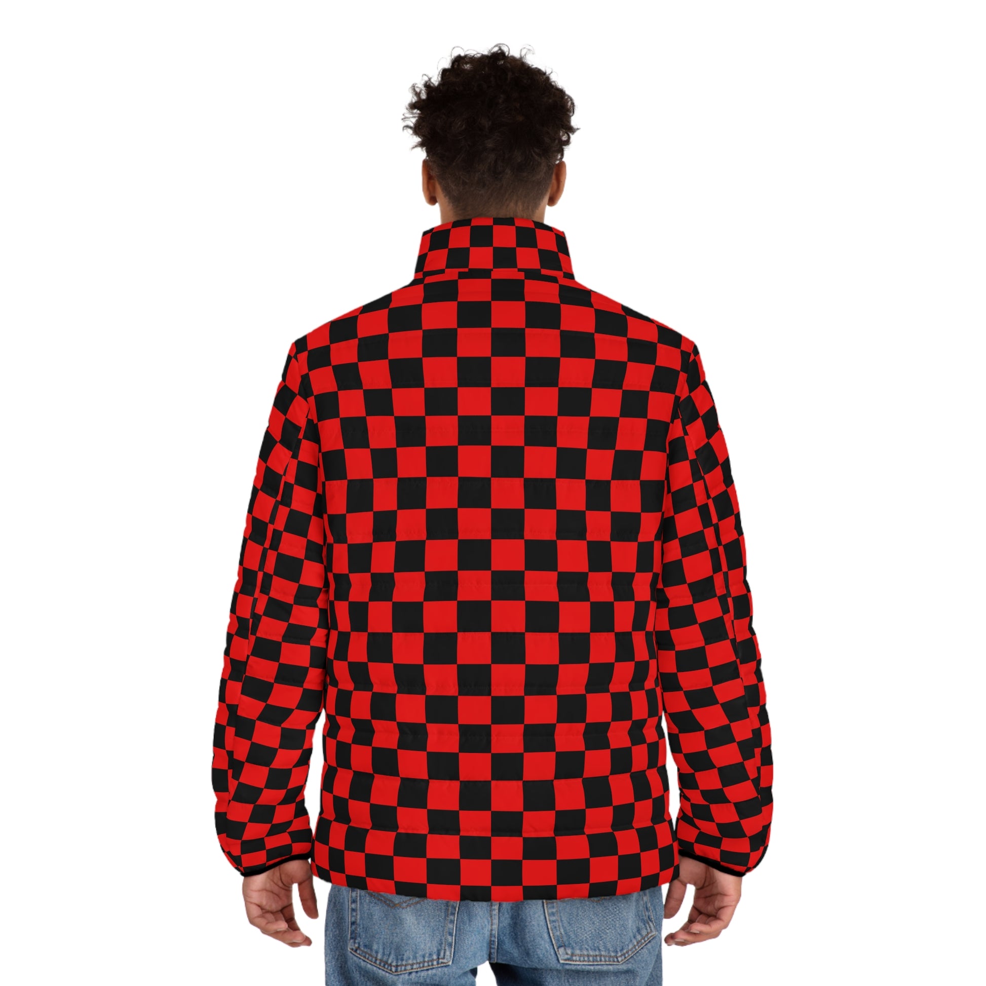 Checkerboard Red and Black Men's Puffer Jacket (AOP), Artsulli - Art is Long, Life is Short, All Over Prints, , , , , , , 