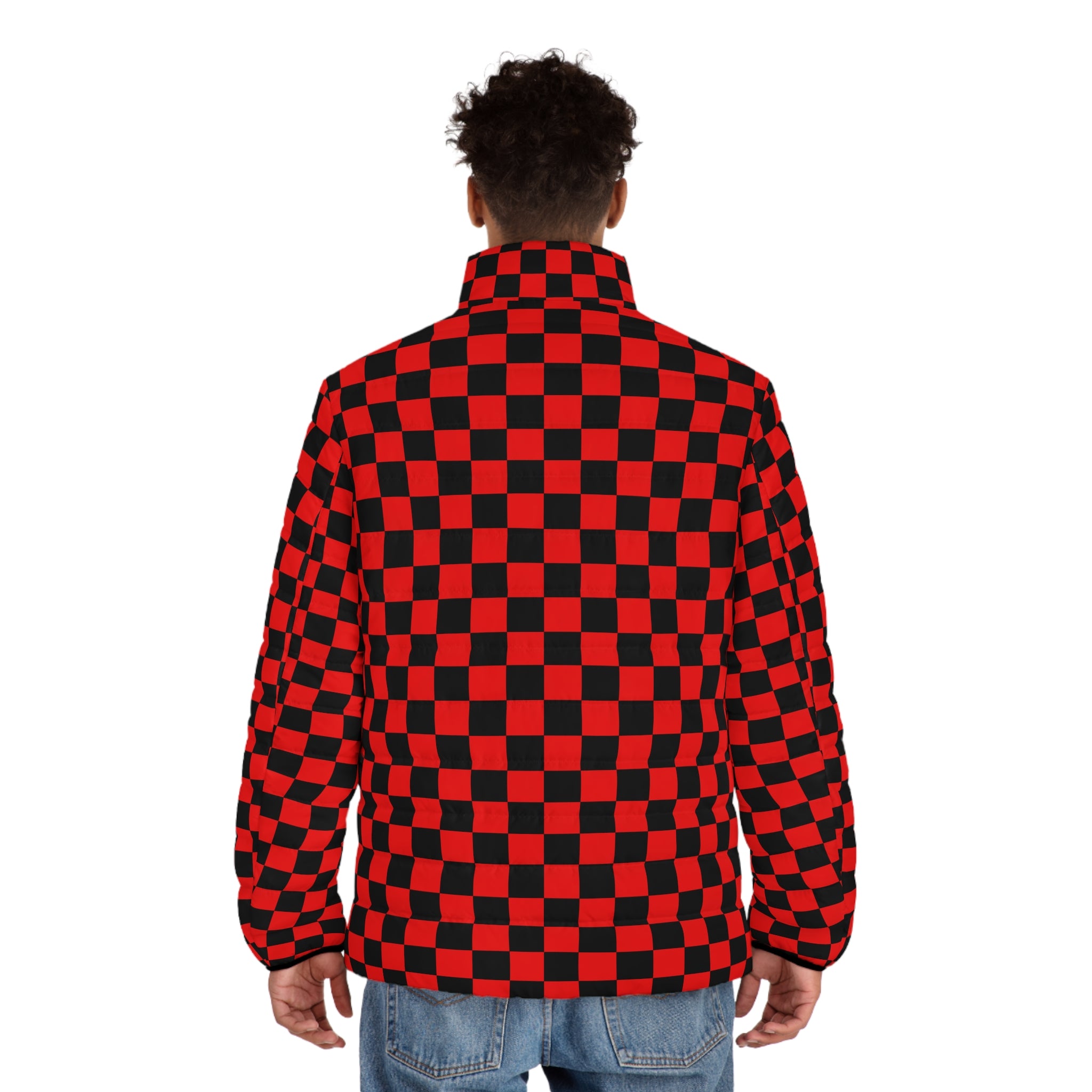 Checkerboard Red and Black Men's Puffer Jacket (AOP), Artsulli - Art is Long, Life is Short, All Over Prints, , , , , , , 