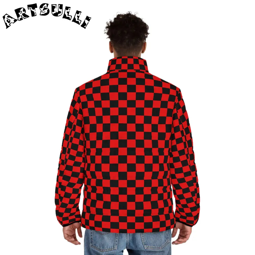 JAKKOUTTHEBXX Checkerboard Red and Black Men’s Puffer Jacket (AOP)