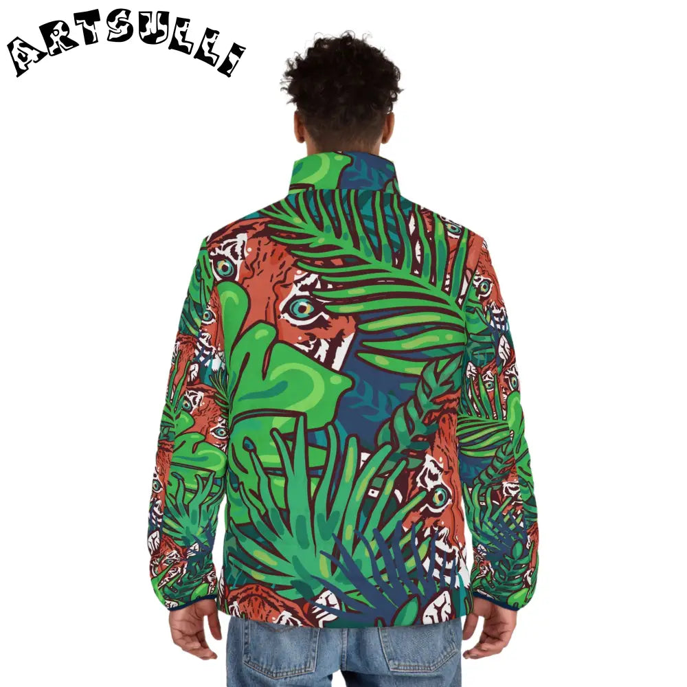 JAKKOUTTHEBXX Tropical Jungle Tigers Blue and Green Men’s Puffer
