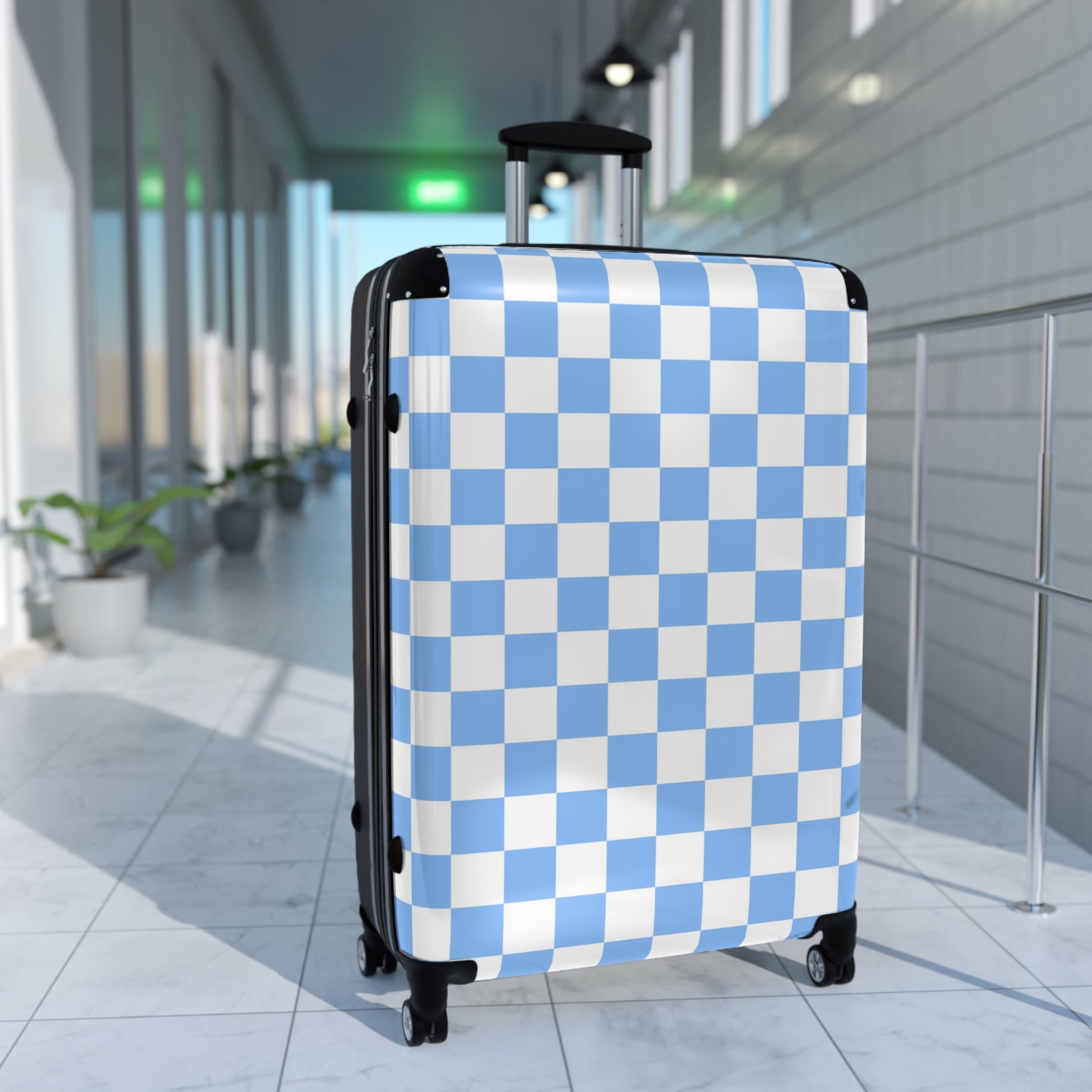 Checkerboard White and Light Blue Suitcase, Artsulli - Art is Long, Life is Short, Bags, , , , , , , 