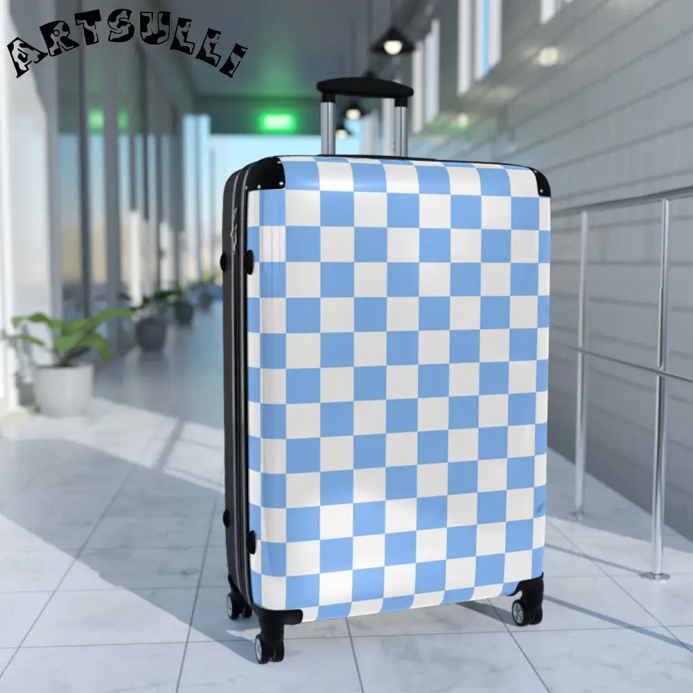 JAKKOUTTHEBXX Checkerboard White and Light Blue Suitcase