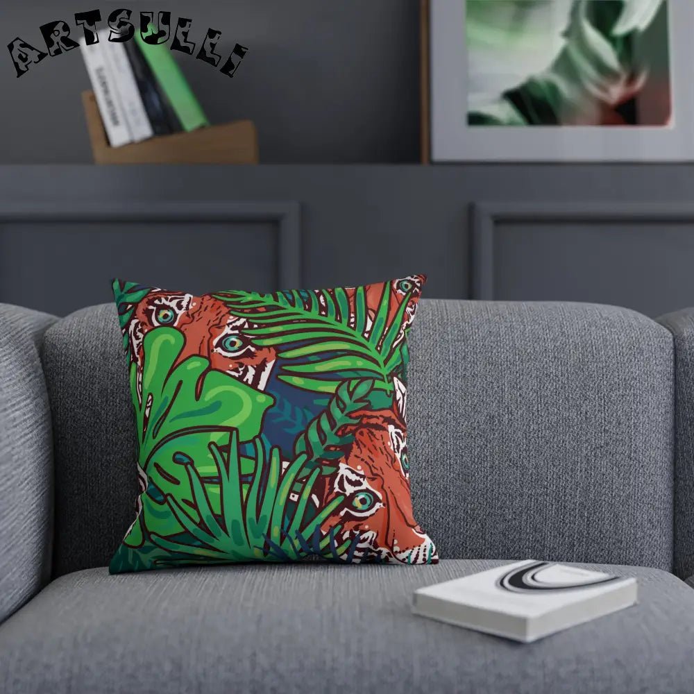 JAKKOUTTHEBXX Tropical Jungle Tigers Blue and Green Cushion