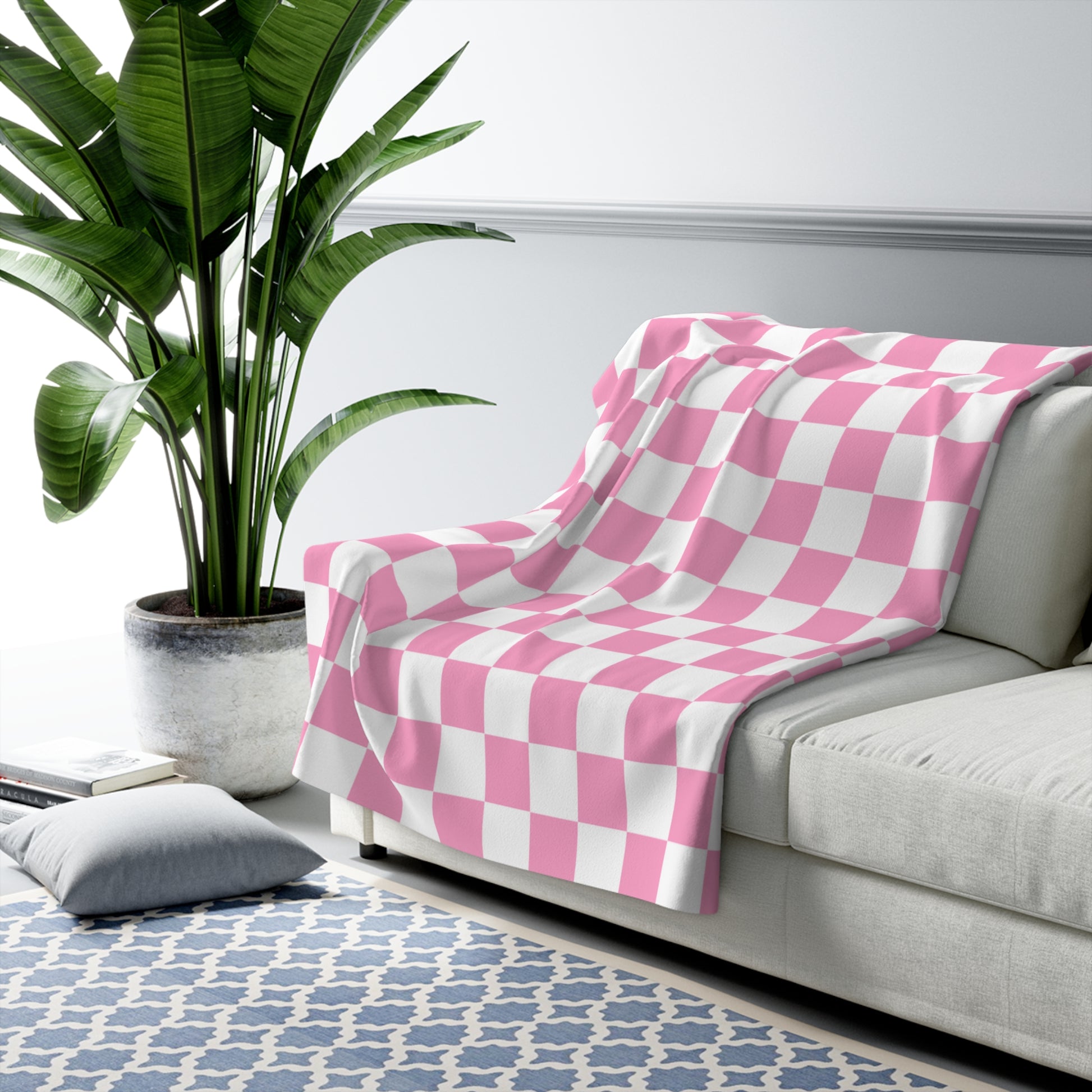 Checkerboard Hot Pink and White Sherpa Fleece Blanket, Artsulli - Art is Long, Life is Short, Home Decor, , , , , , , 