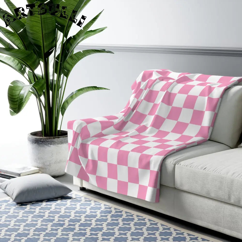 JAKKOUTTHEBXX Checkerboard Hot Pink and White Sherpa Fleece Blanket