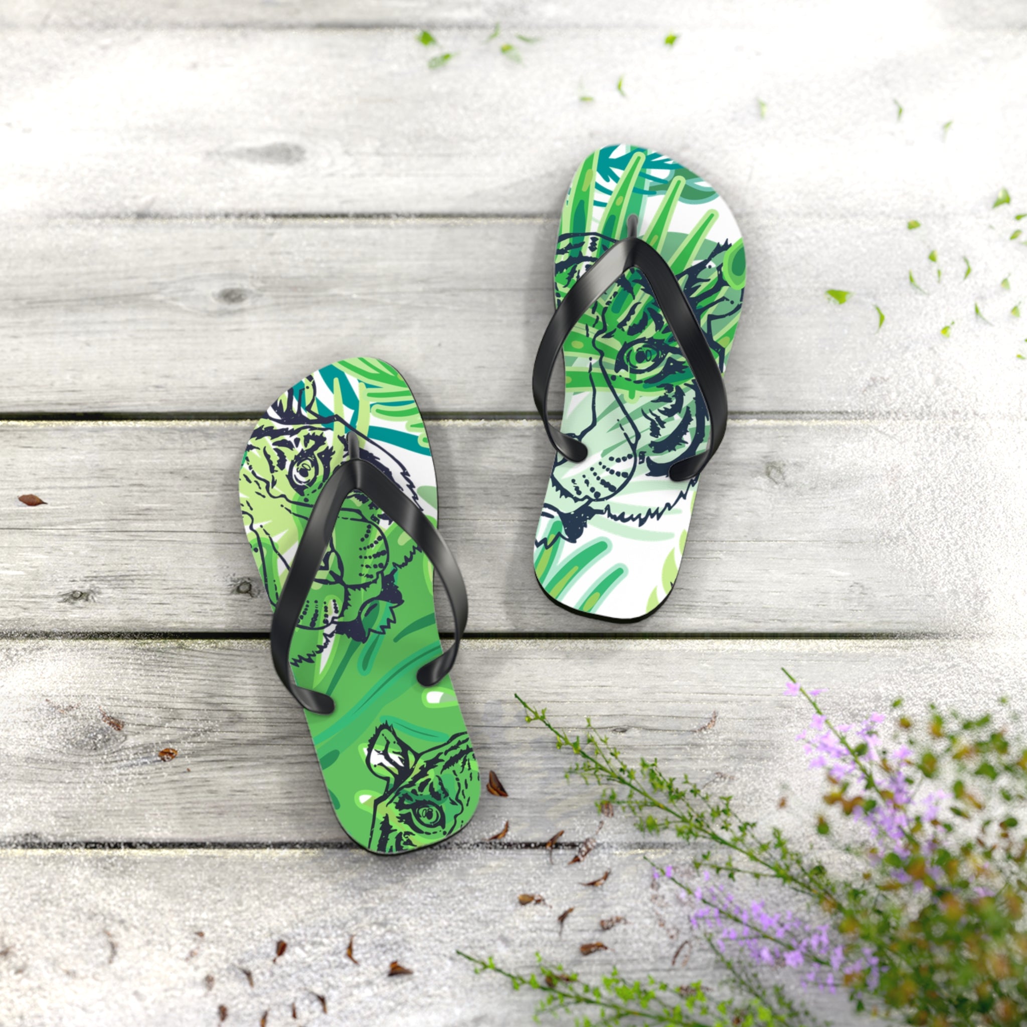 Tropical Jungle Tigers Green Flip Flops, Artsulli - Art is Long, Life is Short, Shoes, , , , , , , 