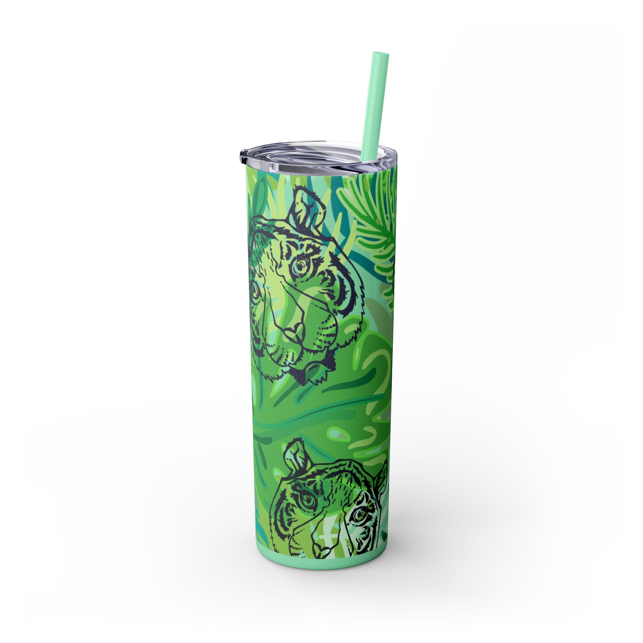 Tropical Jungle Tigers Green Skinny Tumbler with Straw, 20oz, Artsulli - Art is Long, Life is Short, Mug, , , , , , , 