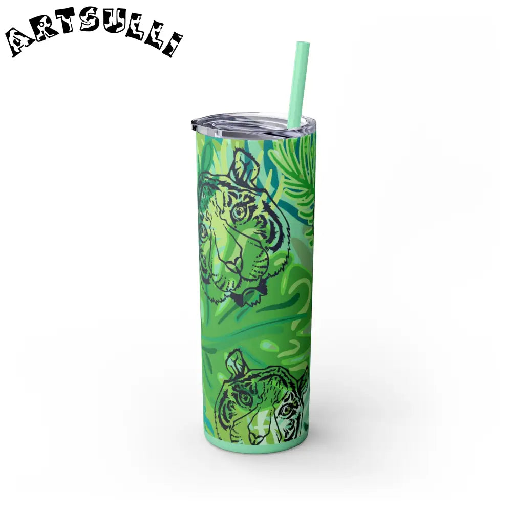 JAKKOUTTHEBXX Tropical Jungle Tigers Green Skinny Tumbler with Straw