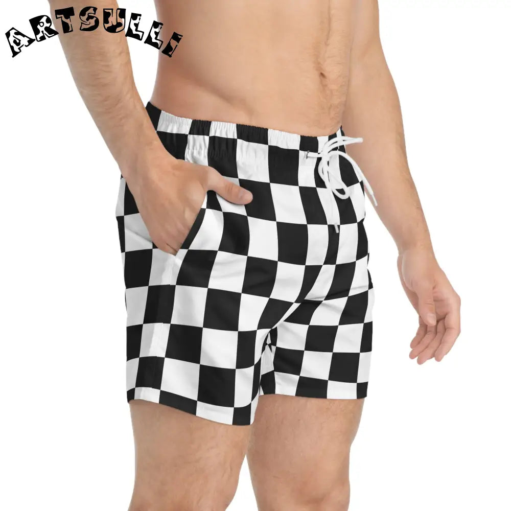 JAKKOUTTHEBXX Checkerboard Black and White Swim Trunks (AOP)