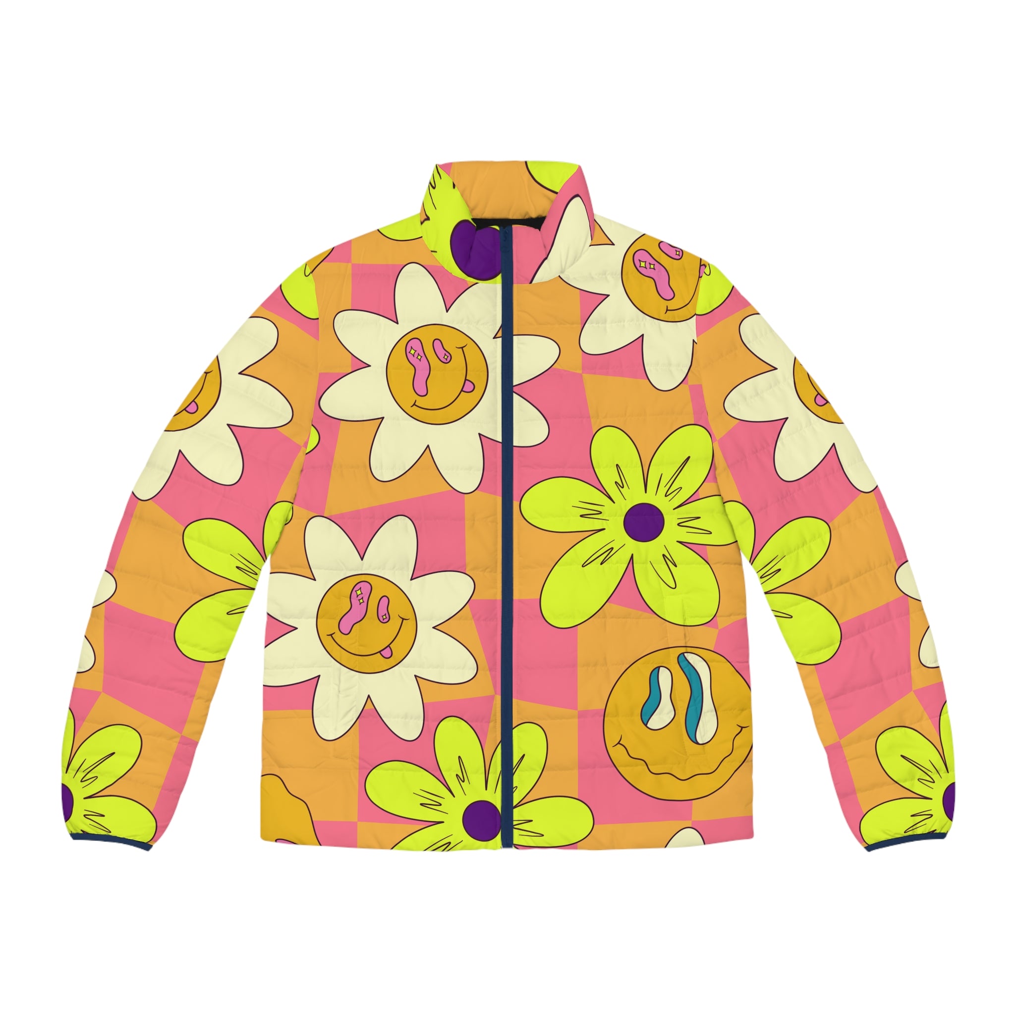 Trippy Sour Face Rave Men's Puffer Jacket (AOP), Artsulli - Art is Long, Life is Short, All Over Prints, Size, S, Color, Dark blue zipper, , , 13904016031291