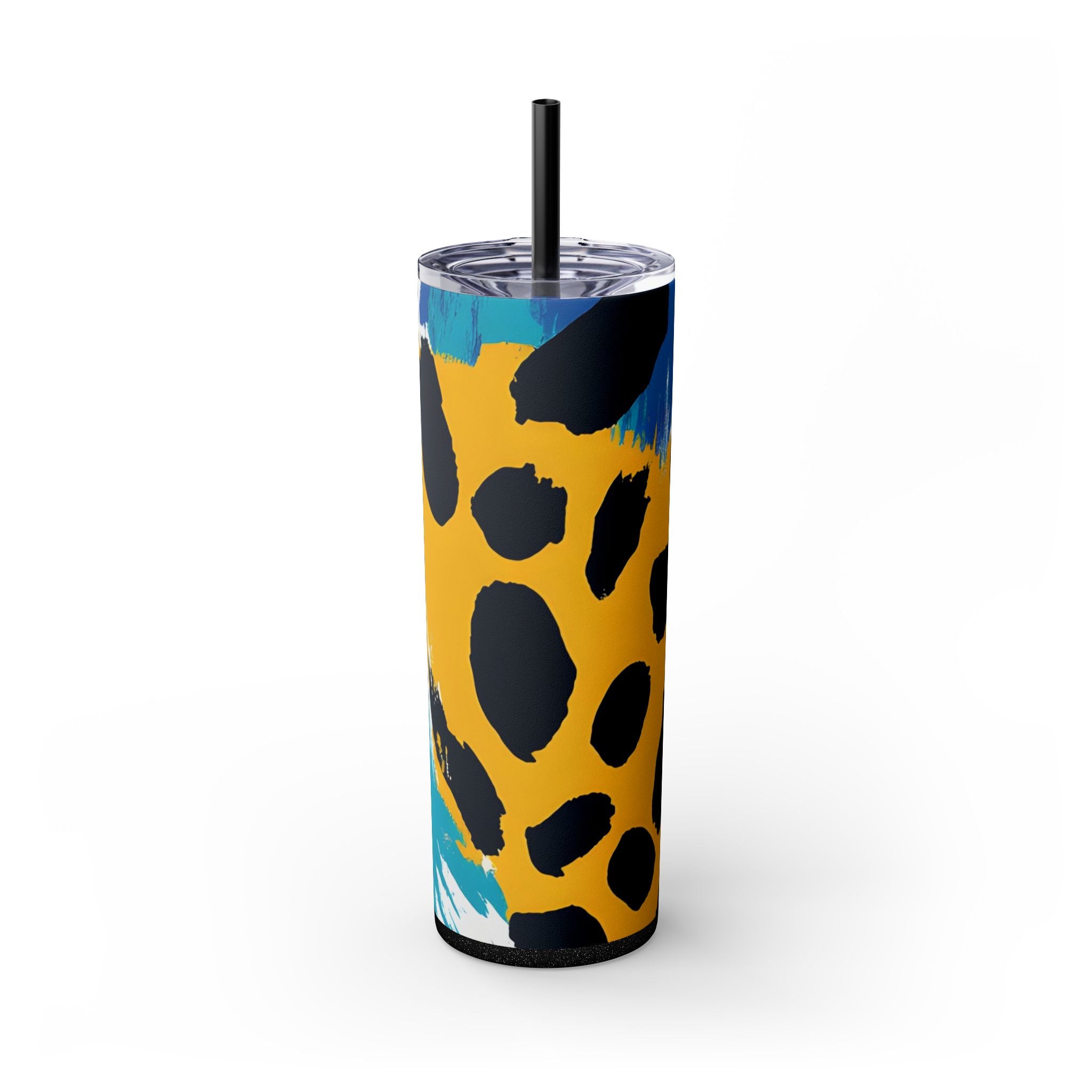 Leopard Print x Paint Brush Strokes Multi-Color Skinny Tumbler with Straw, 20oz, Artsulli - Art is Long, Life is Short, Mug, Finish, Glossy, Color, Glitter Black, Size, 20oz, 45202243439071513494