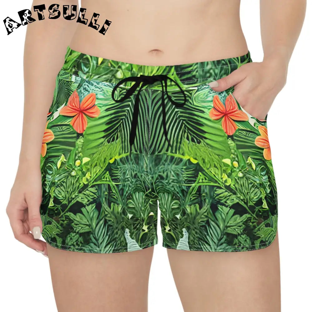 JAKKOUTTHEBXX Tropical Print Athletic Shorts with Black Drawstring