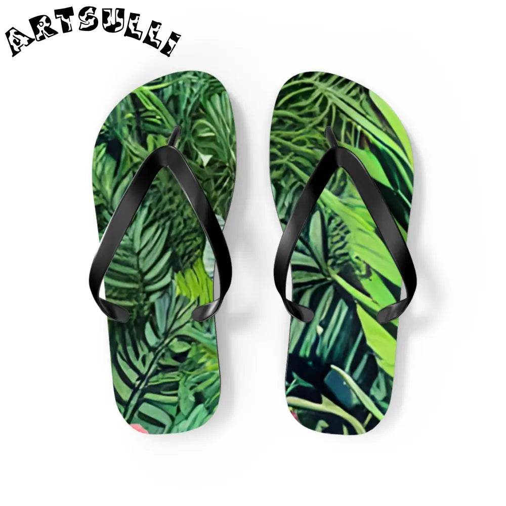 JAKKOUTTHEBXX Black Strapped Flip Flops with Green Leaf Pattern
