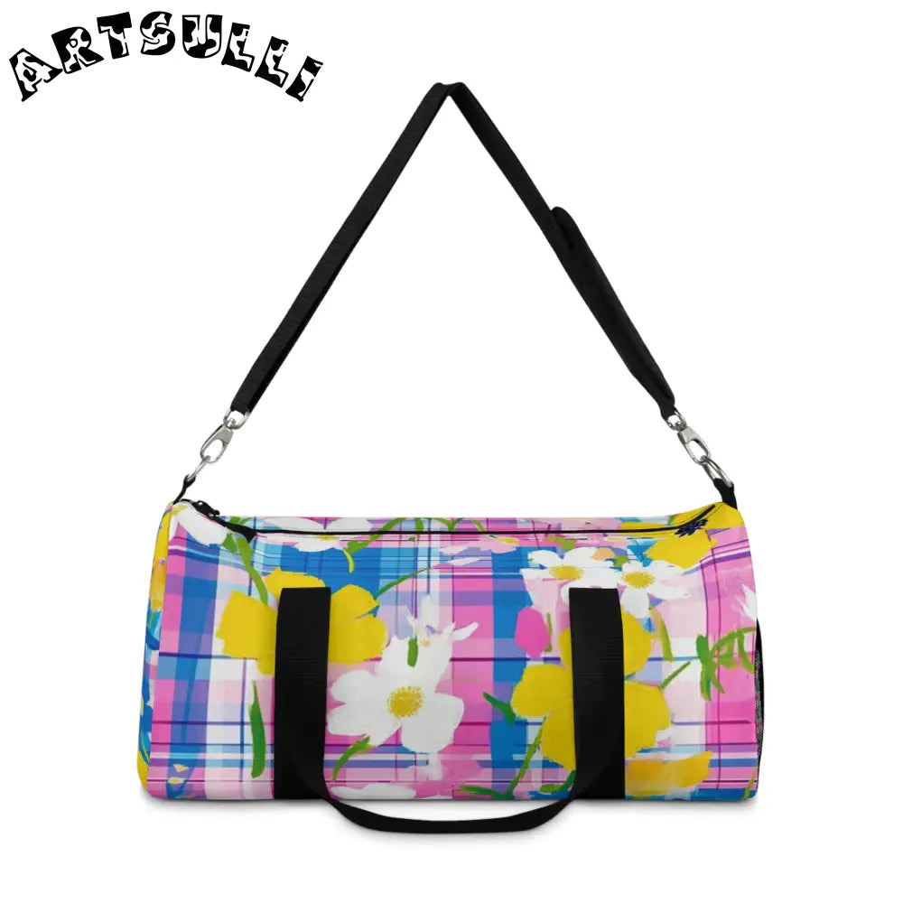 JAKKOUTTHEBXX Plaid Garden II Pink and Purple Duffel Bag