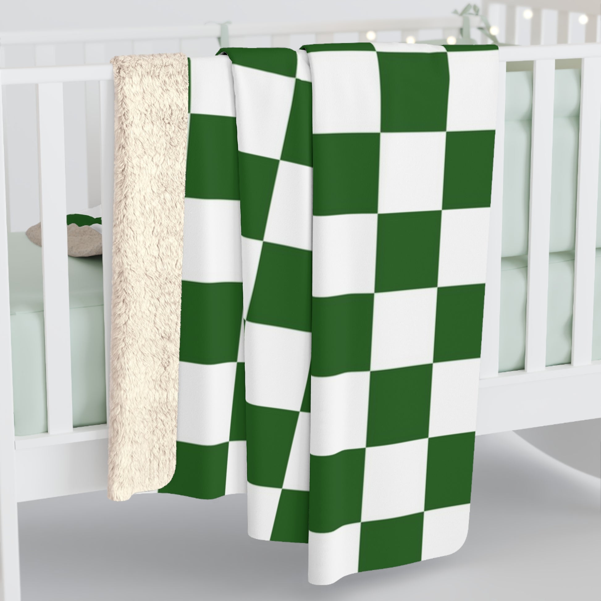 Checkerboard White and Dark Green Sherpa Fleece Blanket, Artsulli - Art is Long, Life is Short, Home Decor, , , , , , , 