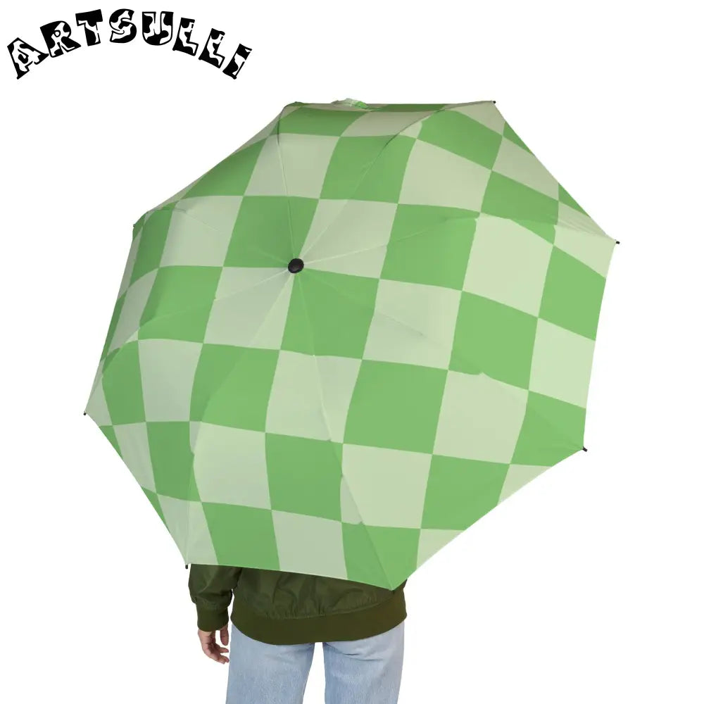 JAKKOUTTHEBXX Checkerboard Green Semi-Automatic Foldable Umbrella