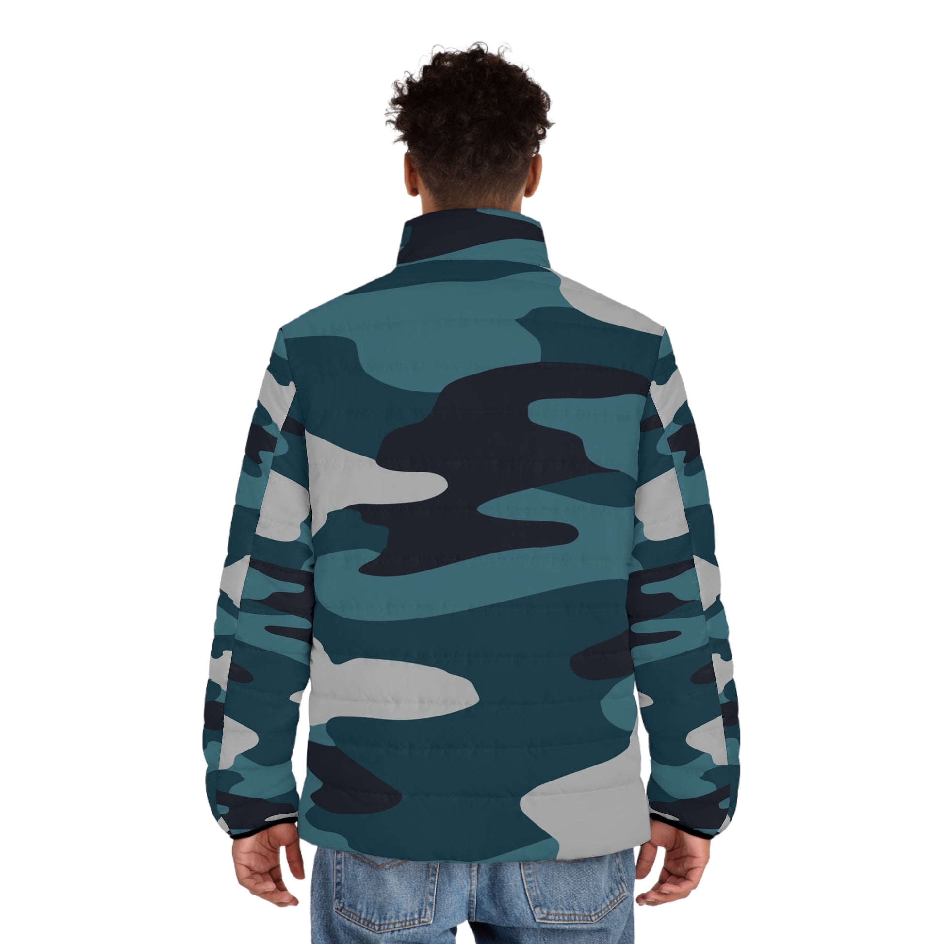 Blue Camouflage Men's Puffer Jacket (AOP), Artsulli - Art is Long, Life is Short, All Over Prints, , , , , , , 