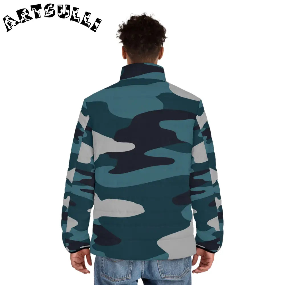 JAKKOUTTHEBXX Blue Camouflage Men’s Puffer Jacket (AOP)