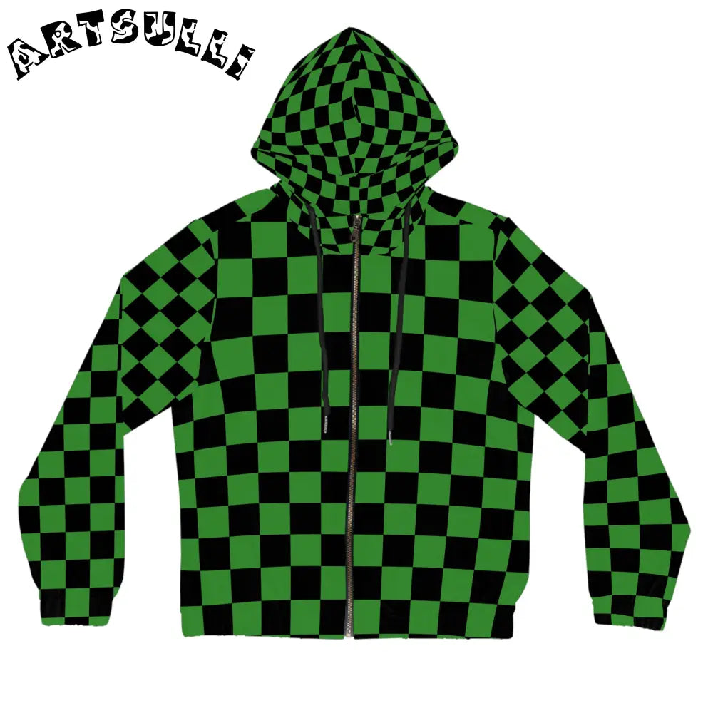 JAKKOUTTHEBXX Checkerboard Green and Black Women’s Full-Zip Hoodie