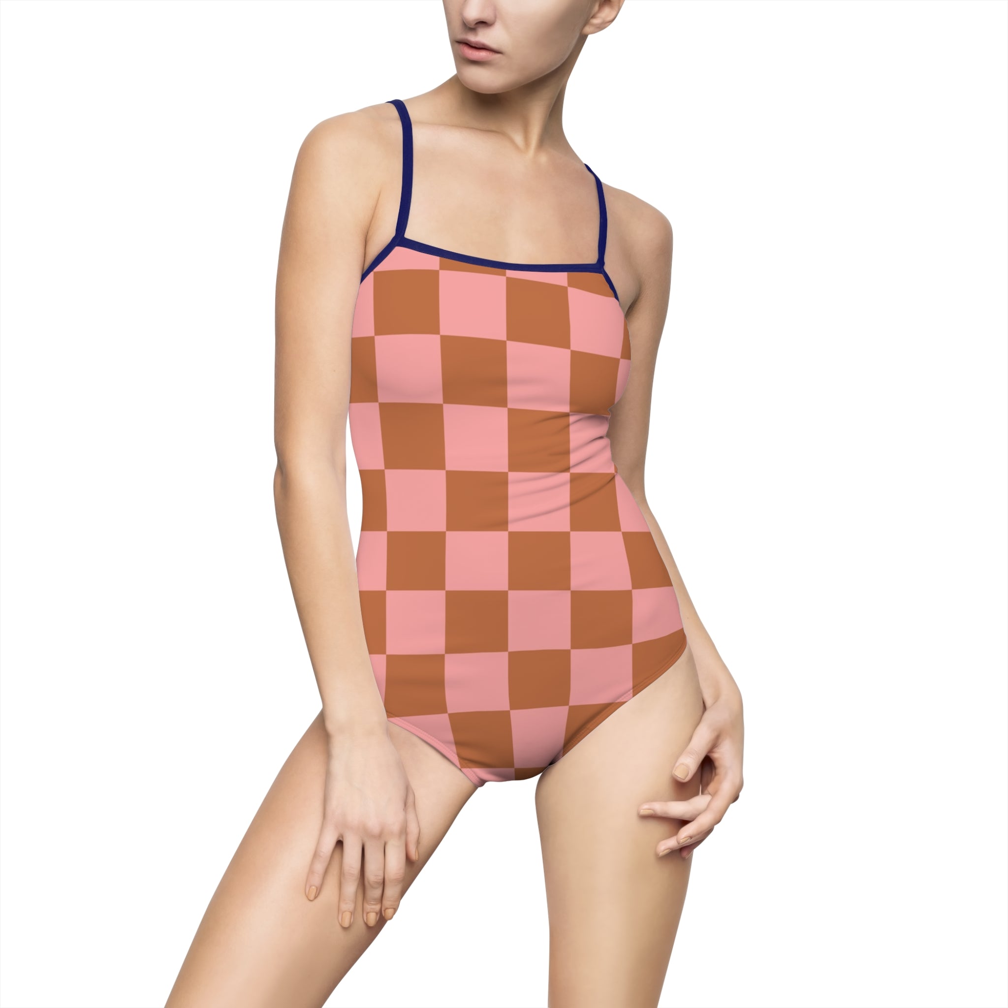 Chessboard Pink and Brown Women's One-piece Swimsuit (AOP), Artsulli - Art is Long, Life is Short, All Over Prints, Size, XS, Color, Navy, , , 15598850100497923948