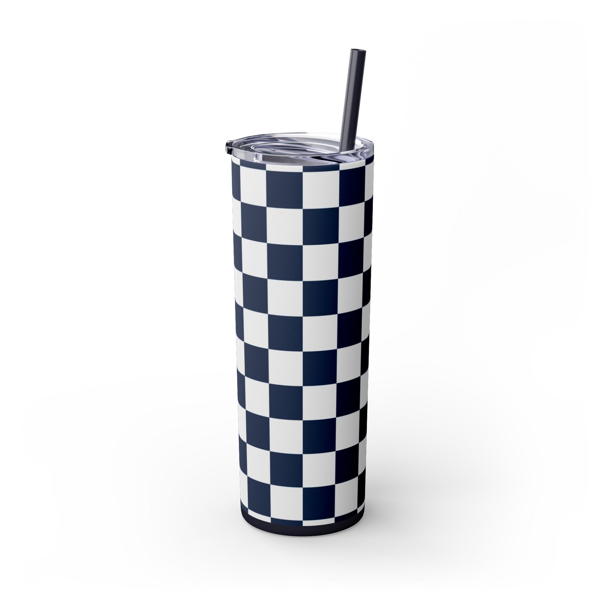 Checkerboard White and Navy Blue Skinny Tumbler with Straw, 20oz, Artsulli - Art is Long, Life is Short, Mug, , , , , , , 